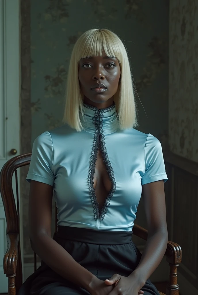 Fashionable, white hair, curly hair, glowing eyes, beautiful black muscular woman, black latina skin, long white long hair, futuristic design, minimal details, givenchy, photoreal, 200mm, hd, f/ 2.0, highly detailed, surreal , drop dead, in the style of red and blue, (intricate details, hyperdetailed:1.15) (skin texture:1.2), cinematic, professional, 4k, (((dynamic model pose))), sitting, full body, mesmerizing, dynamic, dramatic, sensual, dynamic pose, highly detailed skin with hair, subcutaneous veins, light and shadow play, highly detailed,24mm photograph, film, bokeh, professional, 4k,