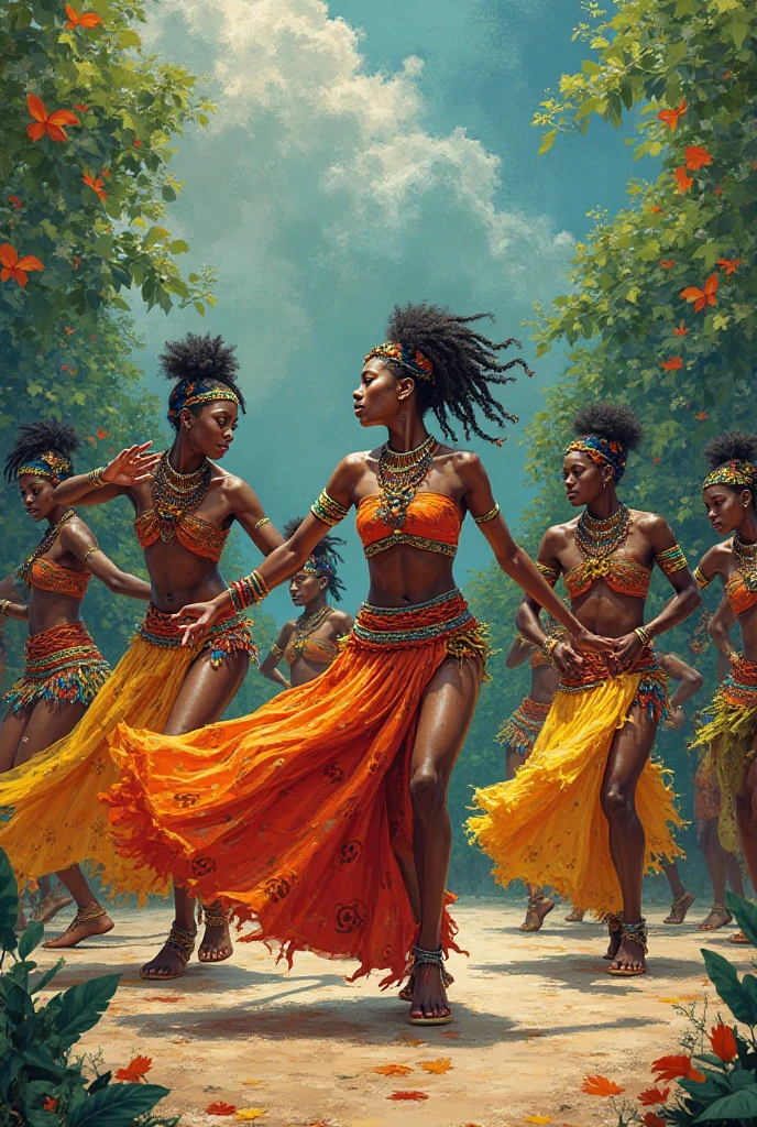 Create a visually stunning masterpiece showcasing Jamaican women twerking with the highest quality. Capture the essence of their vibrant energy as they move their bodies in a mesmerizing dance, celebrating their culture and freedom. The scene is bathed in rich, warm colors, highlighting their beautiful curves and rhythmic movements. Each woman exudes confidence and power, with their expressive faces radiating joy and sensuality. The attention to detail in this artwork is impeccable, from the intricate patterns on their vibrant costumes to the beads of sweat glistening on their skin. The dynamic composition and expert use of lighting create a captivating visual experience, immersing viewers in the lively atmosphere of this extraordinary dance.