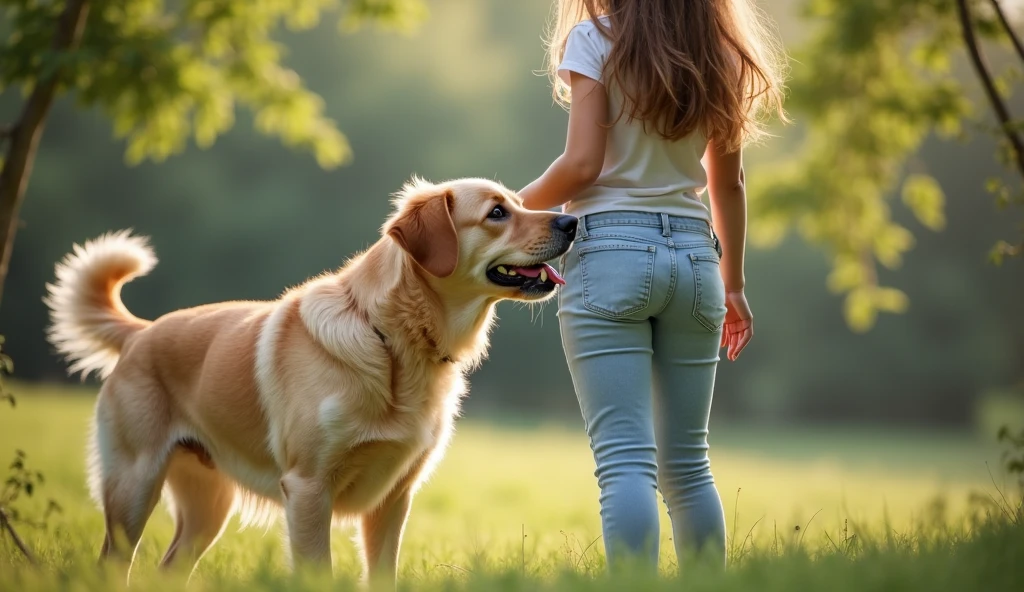 The image depicts a funny and amusing scene involving a dog and a girl. The dog, which appears to be a Labrador Retriever, is positioned on the left side of the image. Its snout is sniffing the butt of the girl wearing light blue jeans. The person's back is turned to the dog's snout, and the focus is on the dog's action of sniffing the girl's buttocks.