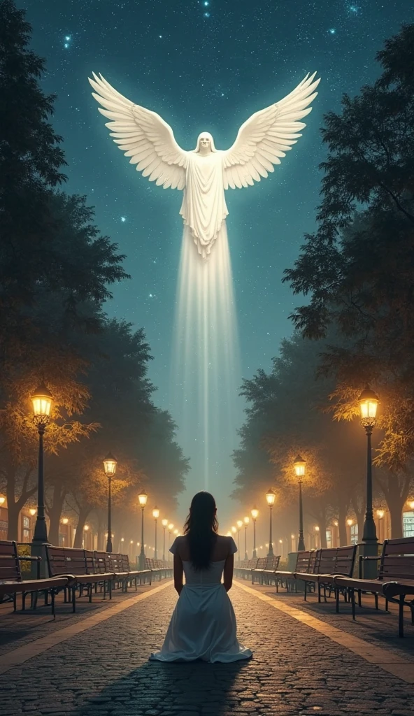 A woman kneels alone in the center of a serene plaza at night, illuminated by the soft glow of a nearby street lamp that casts a gentle, golden light on her figure. Her hands are clasped in deep prayer, and her head is bowed in devotion. Around her, empty benches, elegant statues, and towering trees create elongated shadows on the cobblestone ground. The vast night sky above is sprinkled with shimmering stars. High in the air, Jesus Christ appears with immense white wings unfurled, floating with a majestic yet tender presence. His gaze is filled with compassion and protection, and a divine glow radiates from him, softly illuminating the scene. The image evokes faith, solace, and spiritual comfort in the stillness of the night.