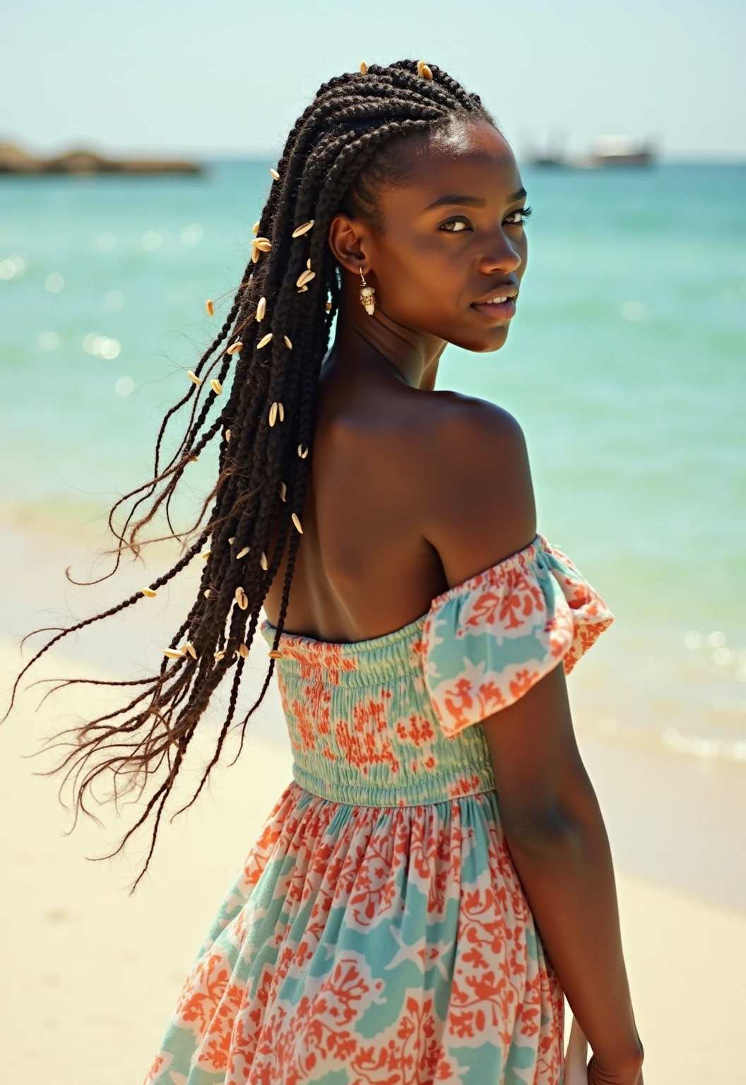 A beautiful black woman , lush body, long hair decorated with cowries and shells, Ogun river leaving Africa in the background , walking to the riverside , wearing light green clothes with cowries , lots of shells and cowries to wear ,copper and stone bracelets on the wrist and 3d shell necklaces , close up hyperrealistic image.