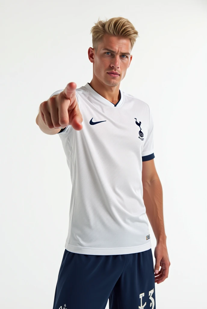 {{{Tottenham}}}, light, white uniform, {{white nike soccer jersey}}, {{{best quality}}}, {{{realistic}}}, Detailed facial description, realistic 눈동자, Handsome man, realistic 유니폼 주름, well proportioned
