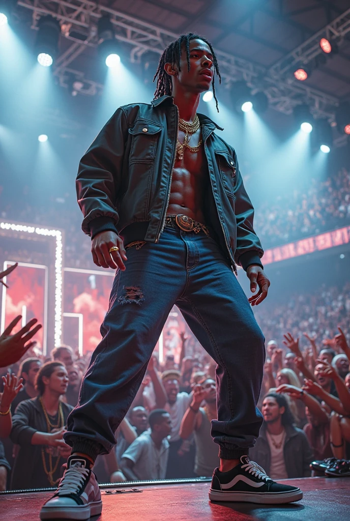 ((masterpiece, best quality)),(complex lighting) ,solo,(((1guy))), Black skin, emo rapper, Slightly notorious criminal, mischievous toothy grin with several gold teeth, light skinned, freckled face, undercut with long bangs, dark red hair, tattoos, distinctive intricate tattoo on left side of his face, shirtless heavily tattooed, gun tattoo on stomach, gold chains, diamond necklace and diamond earrings, baggy pants, performing on stage, (((8k)))