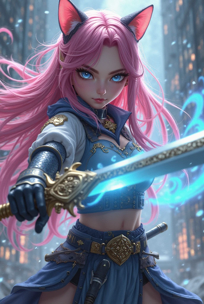 a beautiful, curvy brown light-skinned young woman with shoulder-length light-pink hair that has bangs swept on either side, blue eyes that have a shade of pink and pink flower-shaped pupils. Her outfit consists of a v-shaped, sleeveless white pencil dress, which partially reveals her chest, a belt with a gold buckle, with a whip and a holster attached to it, dark high heels, a golden necklace, light-colored undergarments, and a personalized protective outer fur-trim jacket with a hood, parts of it are coated with blue lines. Her dress has a split on the left leg from the belt down, allowing a large portion of her left leg. Other than this attire, she also wears a light jumper with striped, woolen sleeves with a vest that has two pockets at the sides over it, a dark skirt, and tights.