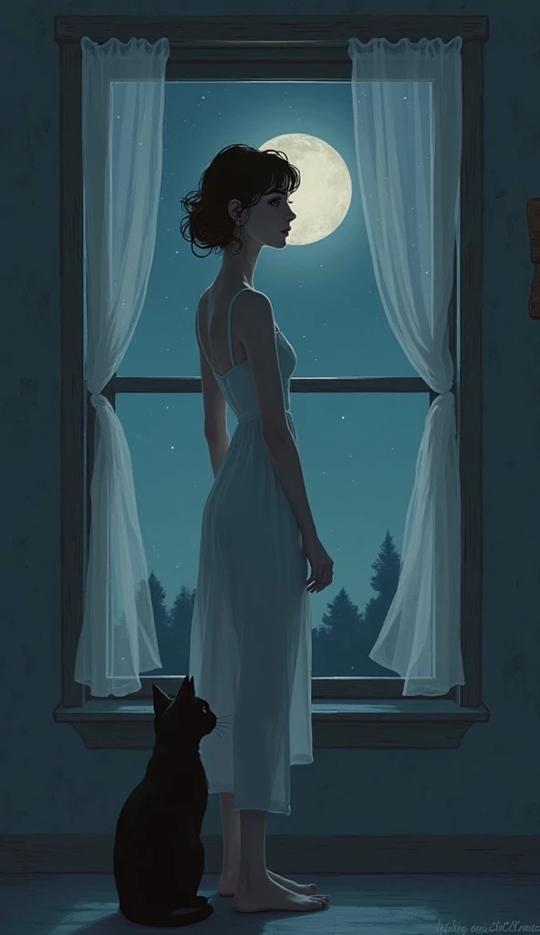 the sexy girl and the cat and the half moon, night, lace dress ( art inspired by Bill Sienkiewicz, oil painting)
