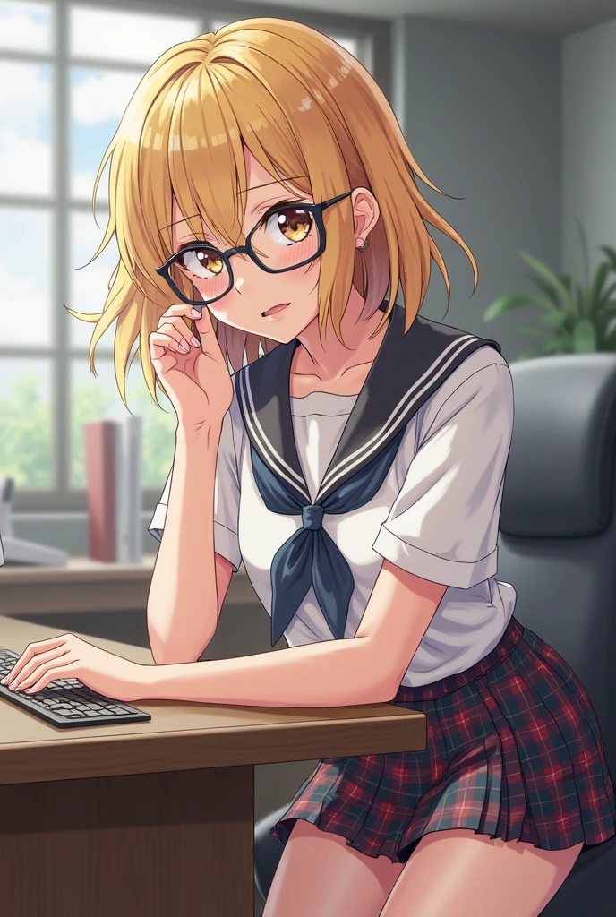 anatomically correct, best quality, masterpiece, high quality, high details, highres, HD, (shaded face:1.2), hollow eyes, dark-blue eyes, looking at viewer, seductive smile, glasses, lips, aihayasakav4, blonde hair, side ponytail, scrunchie, solo, blurry, 1girl, depth_of_field, earrings, blurry_background, small breasts, jewelry, bookshelf, red_eyes, indoors, table, sweater, solo, small_breasts, looking_at_viewer, blurry_foreground, long_sleeves, closed_mouth, bangs, blush, pantyhose, hand_on_own_cheek, sidelocks, breast_rest, ribbed_sweate, 15 years old, teen , escote muestra parte de sus pequeños pechos colgando,holgado, trasero firme