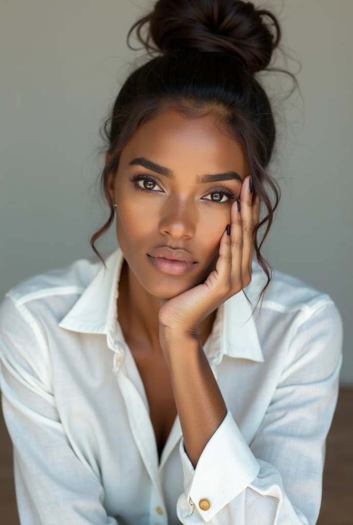 high quality, young black woman, light skn, thick thighs, hyper detailed perfect brown eyes, tight knit shirt, sexy,