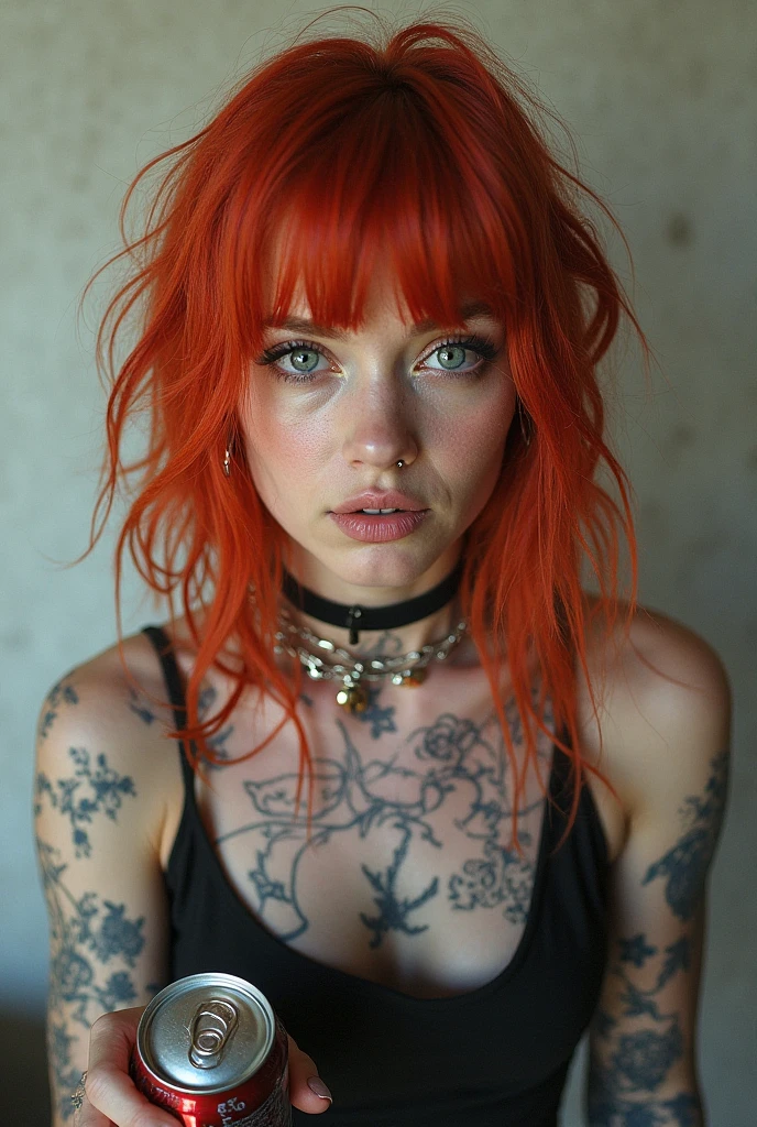 From left with piercings, redhead, brown eyes, with a can