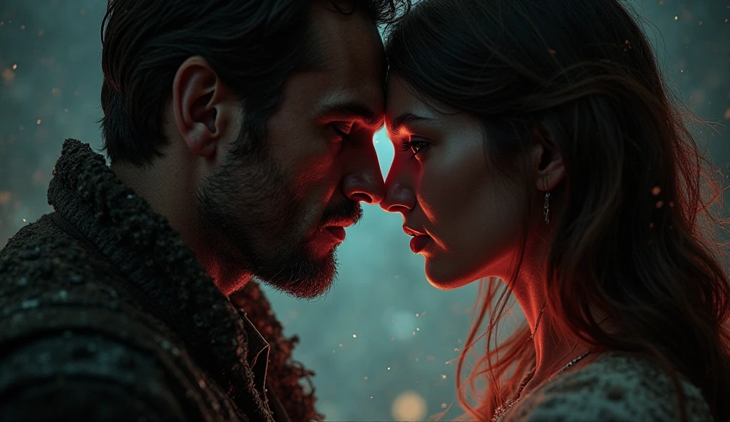 arafed couple in a snowy mountain setting with a sunset, tuomas korpi and wlop, matte painting portrait shot, with cinematic lighting, dramatic cinematic detailed fur, cinematic shot epic portraits, epic romance, anato finnstark and alena aenami, cinematic photograph concept art, an epic fantasy, romance novel cover, by Rajmund Kanelba