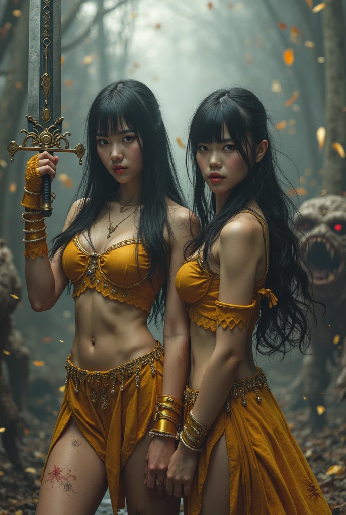A scene of primal, Photo Realistic unbridled savagery deep within the heart of a dense, unexplored Korean forest. In the center, a young feral woman, her bodies painted with intricate tribal tattoos and adorned with bones and feathers, surround a makeshift campfire. her eyes, filled with a mix of hunger and primitive excitement, reflect the flickering flames as they feast upon the flesh of her latest captive. The naked female cannibals, each possessing a distinct, animalistic beauty, are caught in various stages of carnage: one gnaws ravenously on a freshly severed limb, while another sharpen a crude knife against a whetstone, eager for her next cut. The background is a tableau of horror, with impaled heads mounted on spikes, skulls arranged
