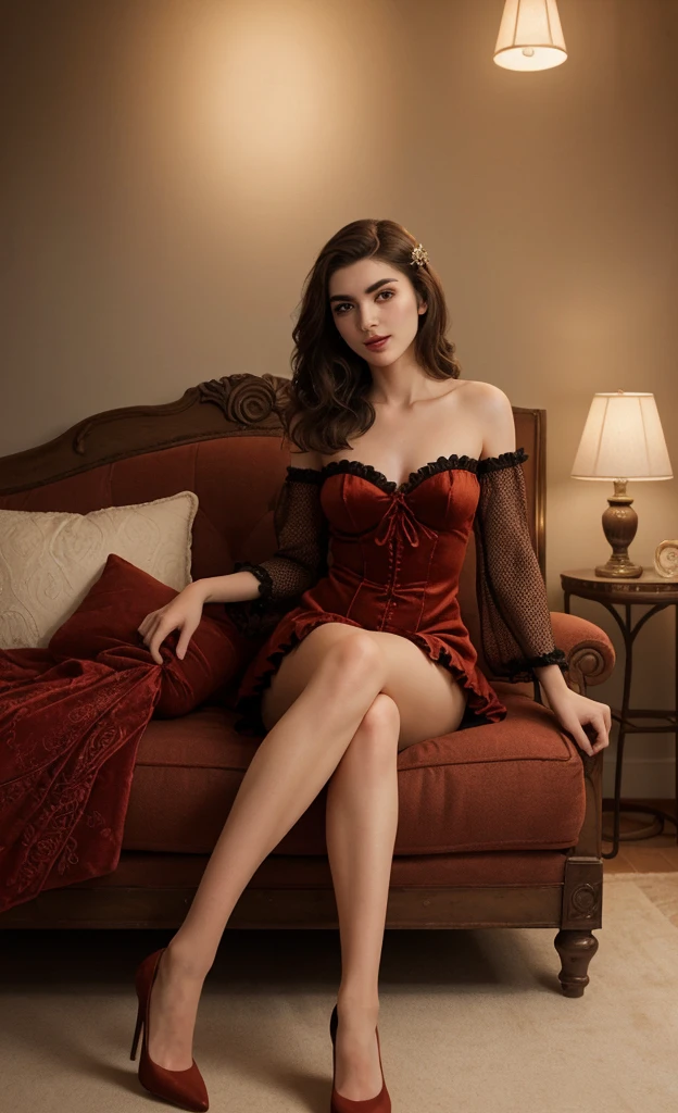 a girl sitting in a dark room, seductive gaze, red lips, black lace dress, wear Pin-heeled Red pumps,beautiful culf, full body wide shot, dimly lit room, candlelight, golden hues, mysterious atmosphere, vintage decor, antique furniture, luscious hair, rose petals, elegant, very sexy, tempting, alluring, intimate, intoxicating, provocative, sensual, soft lighting, subtle shadows, seductive smile, dramatic setting
