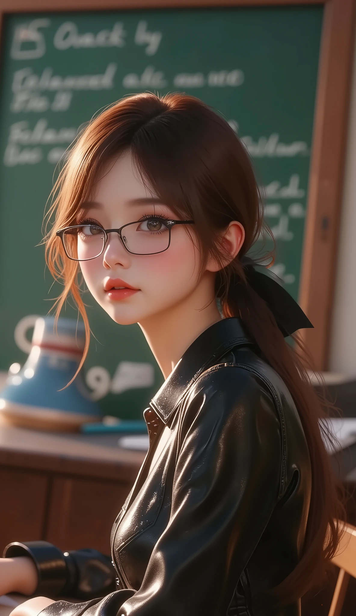 (best quality, masterpiece), 1 girl, classroom,  chalkboard, Glasses, , 1 girl, young girl, ( Big Breasts Women、deep cleavage:1.4), ( goosebumps:0.7), beautiful face, (eyeliner, lipstick:0.9), 4K, 8k, 超Hi-Res, Hi-Res, detailed background, background, ( on blackboard"Thank you 900 followers"Write:1.8)