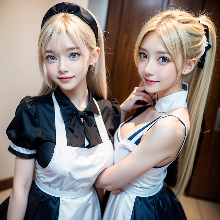 Generates a tender 20-year-old woman with curly blonde hair with circular glasses, busty and a realistic big ass dressed as a maid 