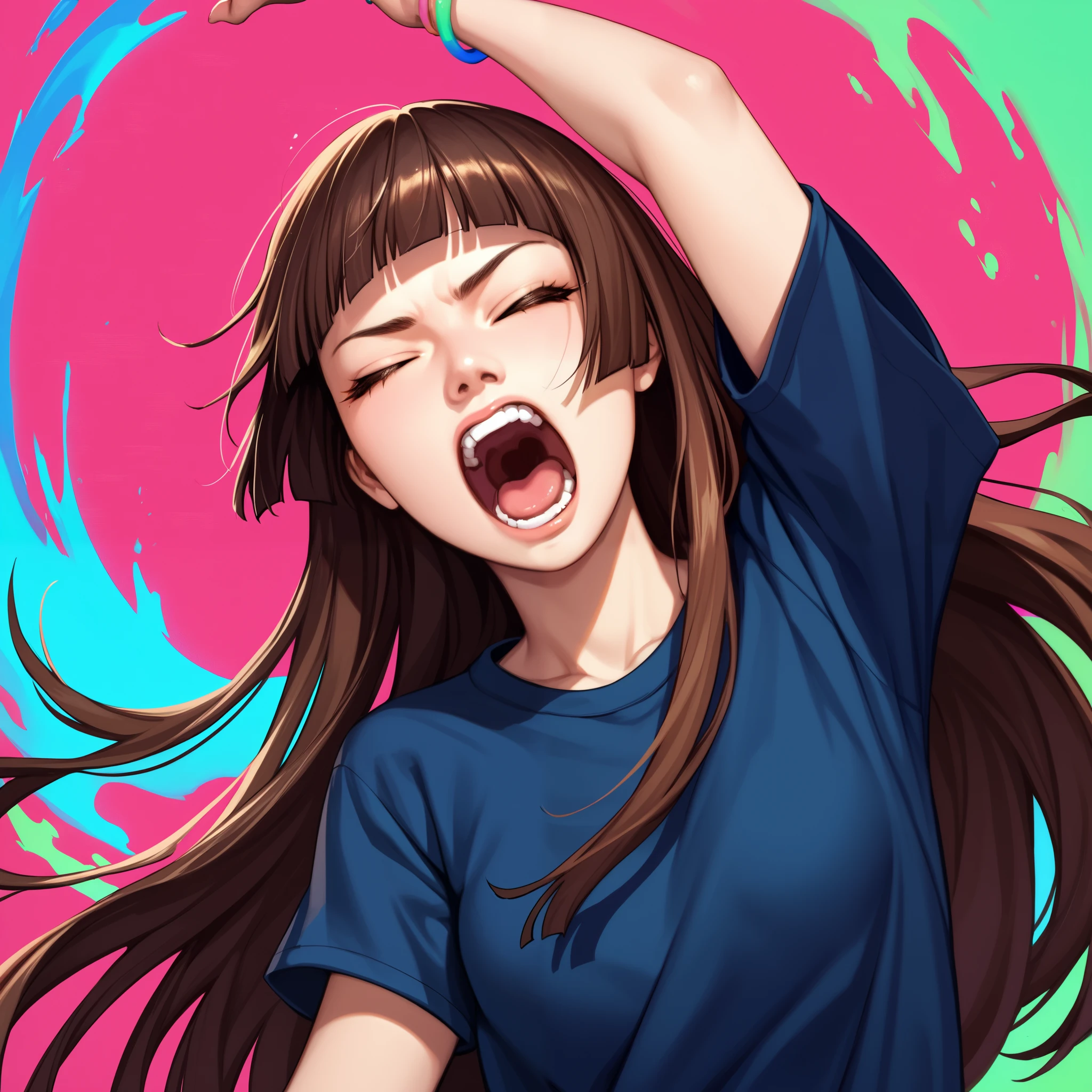 score_9, score_8_up, score_7_up, source_anime, 1girl, solo, eyes closed, yelling, one arm up, closed hand, brown hair, long hair, hime cut, hmcut, small breasts, cute, vibrant colors