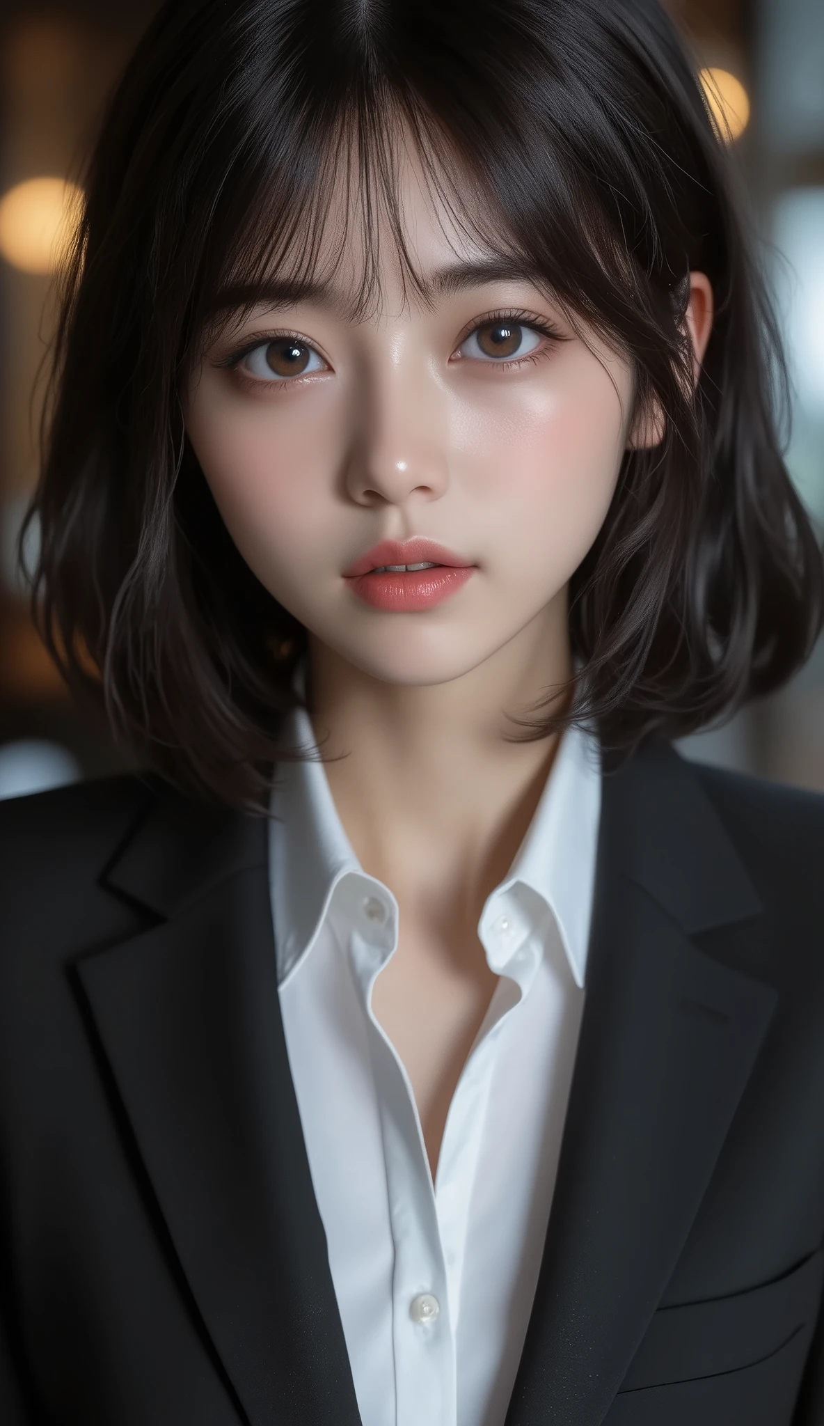 8k,super high definition , Highest quality, masterpiece,rule of thirds,golden ratio,surreal, photos, one woman,( girls on the left:1.3),cute,cute顔, Beautiful Eyes in Every Detail , 細かくexhaustive,mature woman,princess,cowboy shot,smile, black hair, long bob,ID photo, luxurious and beautiful ,(A Famous Japanese Idol Girl), ((Office uniform with white shirt, blazer and pencil skirt)),(((Clean clothing))), very delicate expression , delicate eye description,, Healthy Body , (( 1 female)), Height: 160cm ,( thin waist:1.4)、( Beautiful :1.4), pink lips,profile in landscape orientation from,((( ideal figure))),Small bust, A cup :2,、 portraits:2、 perfect anatomy 、鮮明な exhaustive、 exhaustive, thin lips,Perfect and beautiful face ,完璧でcute顔, meticulous skin , perfect limb、 thin waist, surreal,Light and Dark, Fashion Magazine Cover ,glowing