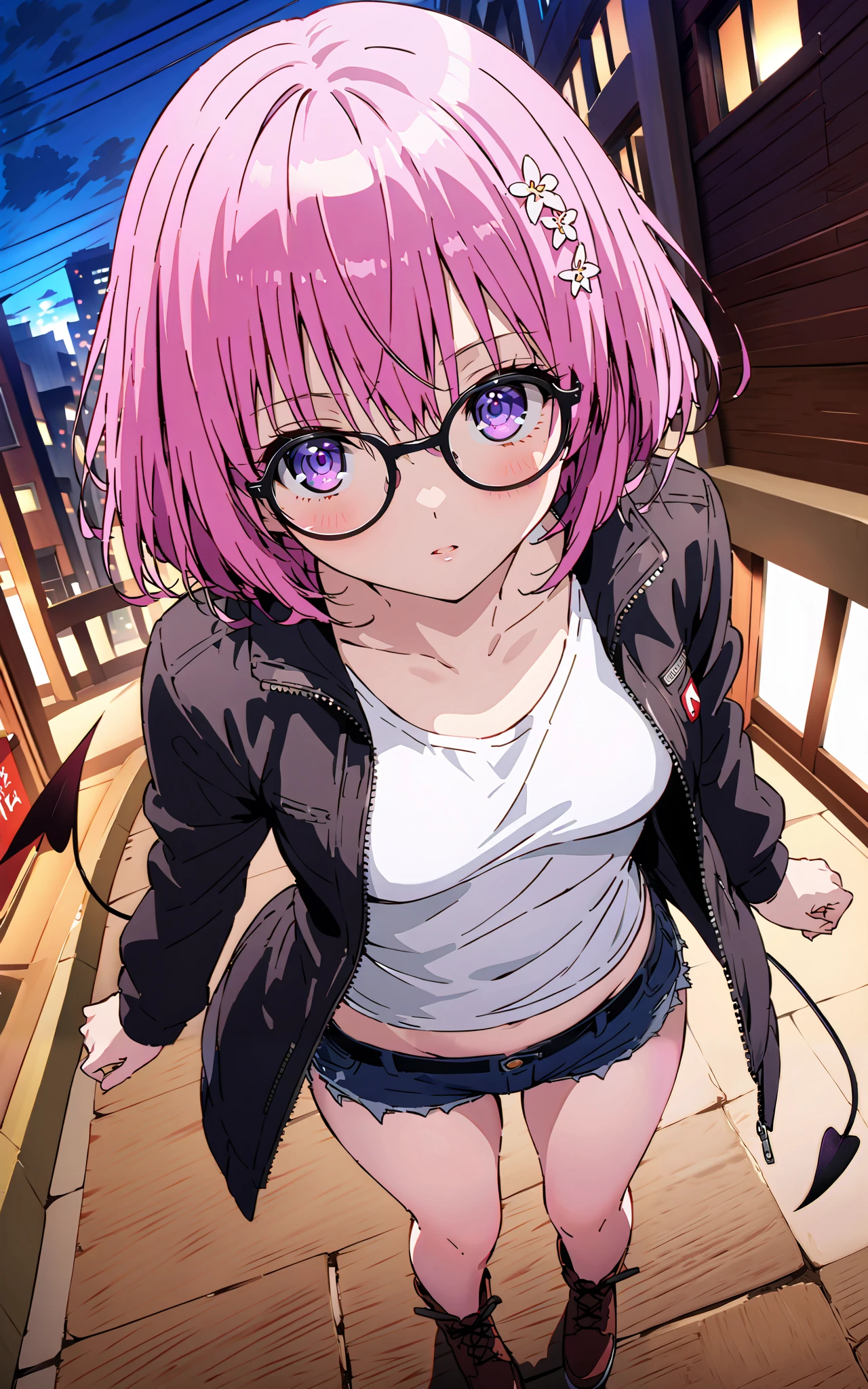 モモデbuildingケ, モモ・デbuildingーク, demon Tail, Hair Flower, hair ornaments close to the garden, purple eyes, pink hair, short hair, Medium breast,胸の谷間,Tail,riders jacket,tank top outside of anime,Underbomb,belly button sticking,Bare legs,denim micro shorts,glasses,shoes, Short Boots,standing,building,Nōn,night,full bodyがイラストに入るように,
break outdoors, Metropolis,
break looking at viewer,full body,
break (masterpiece:1.2),Highest quality , kampala, Unity 8K Wallpaper ,(shape:0.8),( fine, beautiful eyes :1.6),It's a person ,full body写真,CG Details , (perfect hands, complete anatomy),