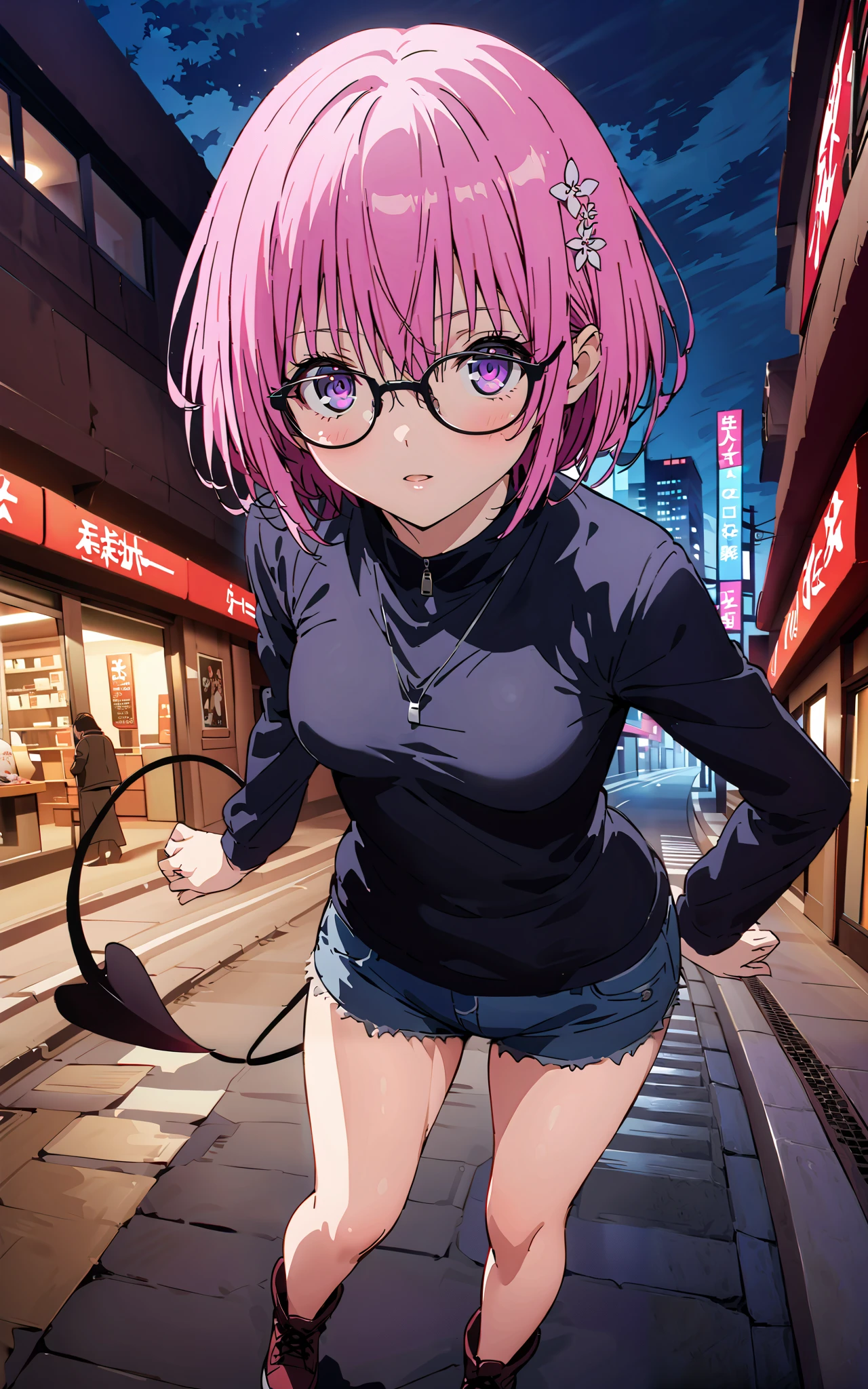 モモデbuildingケ, モモ・デbuildingーク, demon Tail, Hair Flower, hair ornaments close to the garden, purple eyes, pink hair, short hair, Medium breast,胸の谷間,Tail,riders jacket,tank top outside of anime,Underbomb,belly button sticking,Bare legs,denim micro shorts,glasses,shoes, Short Boots,standing,building,Nōn,night,full bodyがイラストに入るように,
break outdoors, Metropolis,
break looking at viewer,full body,
break (masterpiece:1.2),Highest quality , kampala, Unity 8K Wallpaper ,(shape:0.8),( fine, beautiful eyes :1.6),It's a person ,full body写真,CG Details , (perfect hands, complete anatomy),