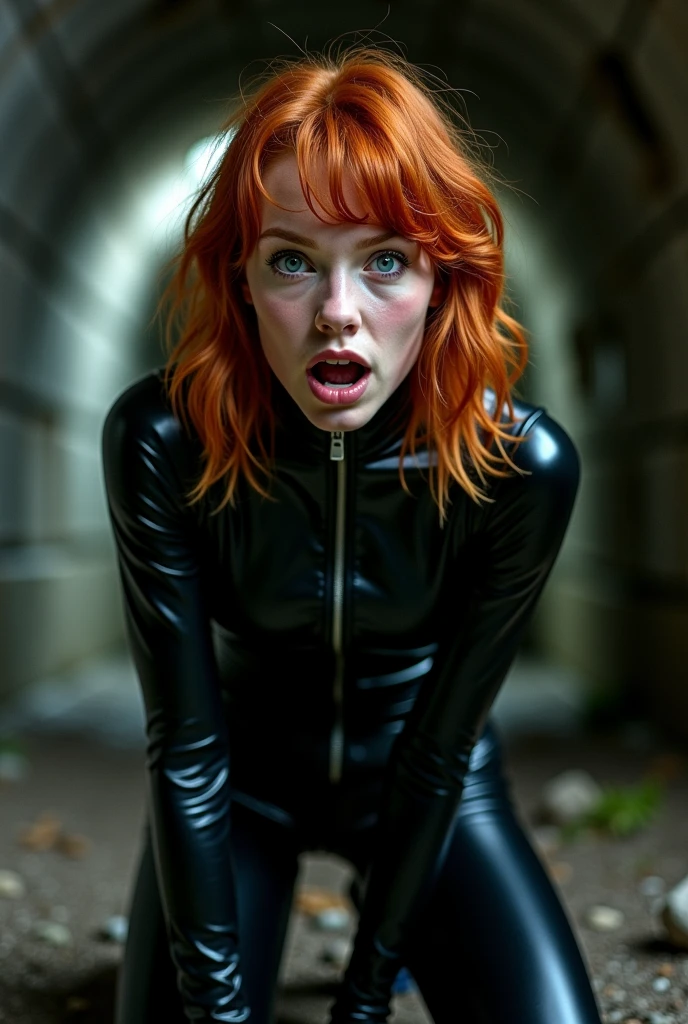 man tightening rope noose around russian woman neck, red hair, latex pvc bodysuit, 16-year-old woman, man putting rope around woman's neck, womanserious expression, woman empty expression, wide-eyed, scared, execution by hanging, gallows