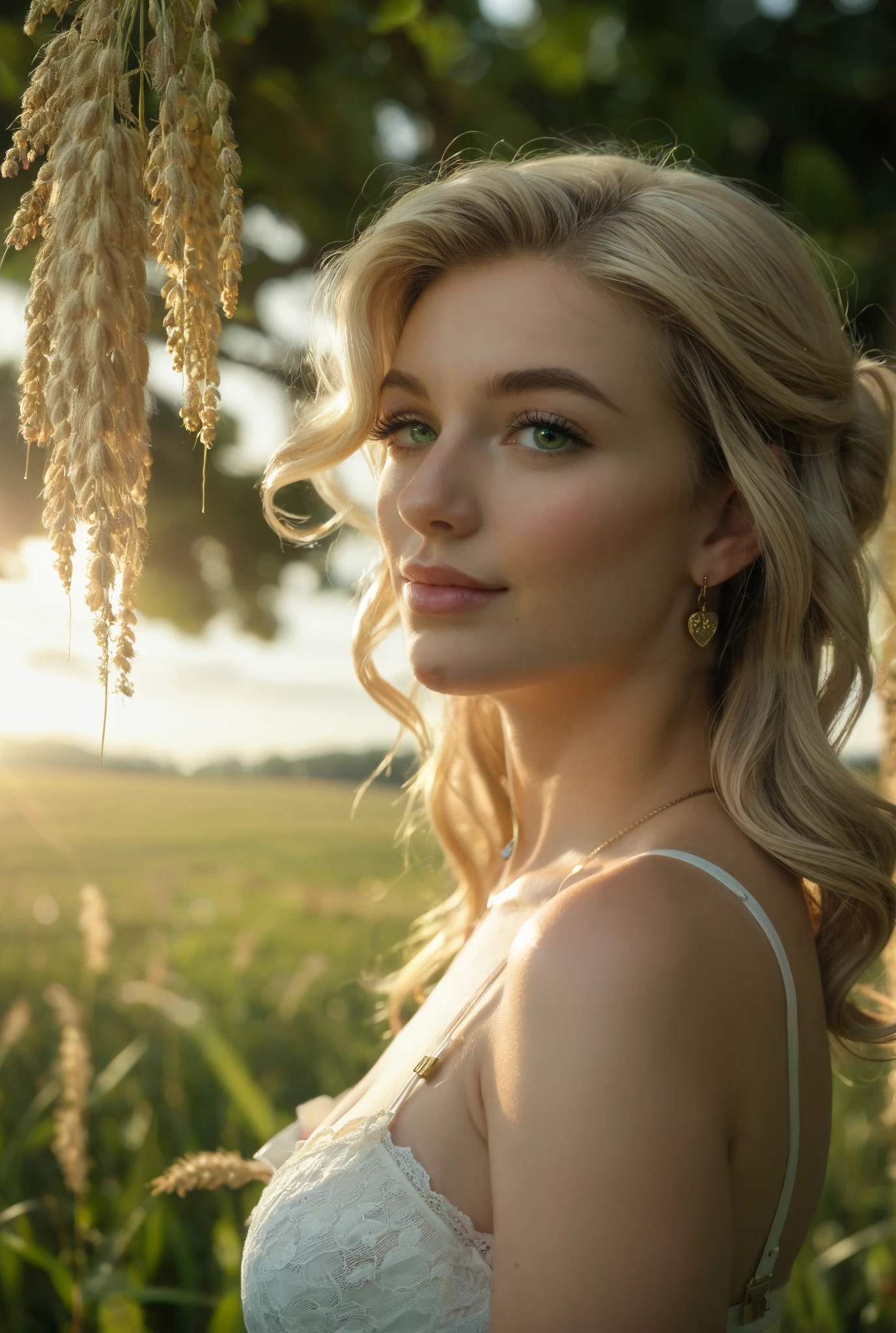 Woman
Wheat blond hair
Bright green eyes
Soft aristocratic facial features
