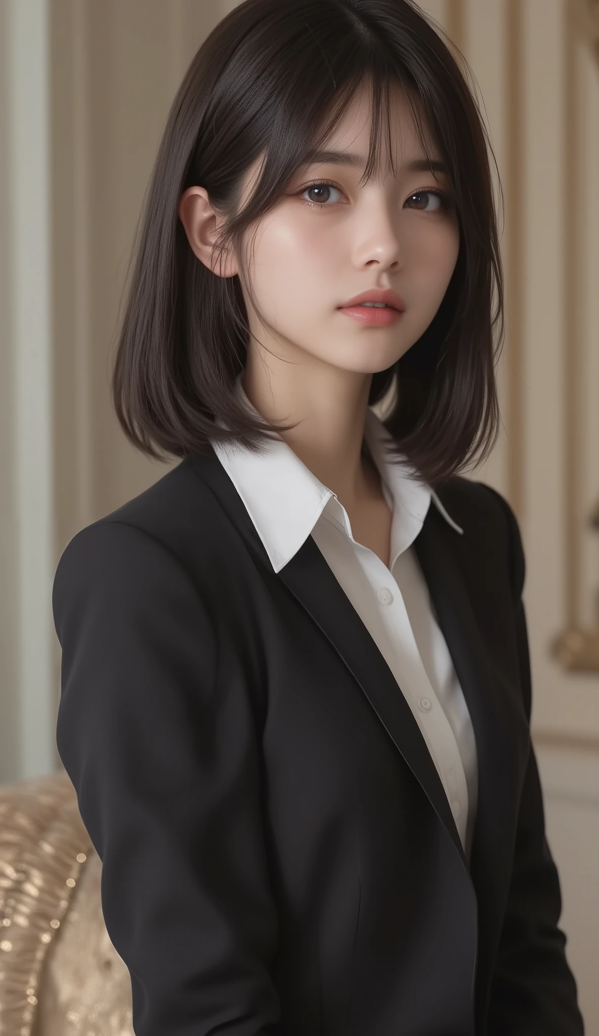8k,super high definition , Highest quality, masterpiece,rule of thirds,golden ratio,surreal, photos, one woman,( girls on the left:1.3),cute,cute顔, Beautiful Eyes in Every Detail , 細かくexhaustive,mature woman,princess,cowboy shot,smile, black hair, long bob,ID photo, luxurious and beautiful ,(A Famous Japanese Idol Girl), ((Office uniform with white shirt, blazer and pencil skirt)),(((Clean clothing))), very delicate expression , delicate eye description,, Healthy Body , (( 1 female)), Height: 160cm ,( thin waist:1.4)、( Beautiful :1.4), pink lips,profile in landscape orientation from,((( ideal figure))),Small bust, A cup :2,、 portraits:2、 perfect anatomy 、鮮明な exhaustive、 exhaustive, thin lips,Perfect and beautiful face ,完璧でcute顔, meticulous skin , perfect limb、 thin waist, surreal,Light and Dark, Fashion Magazine Cover ,glowing