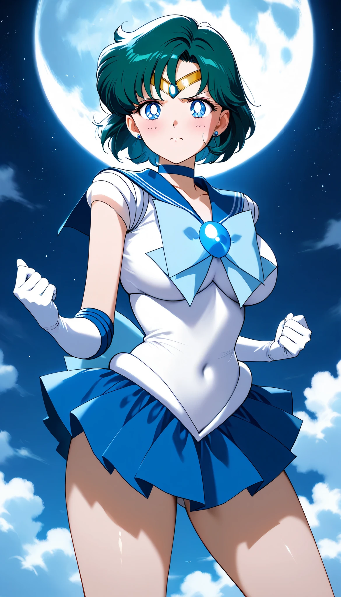 masterpiece, best quality , alone, sailor mercury fully wearing clothes big breasts No. Action Pose serious expression night night 空 full moon