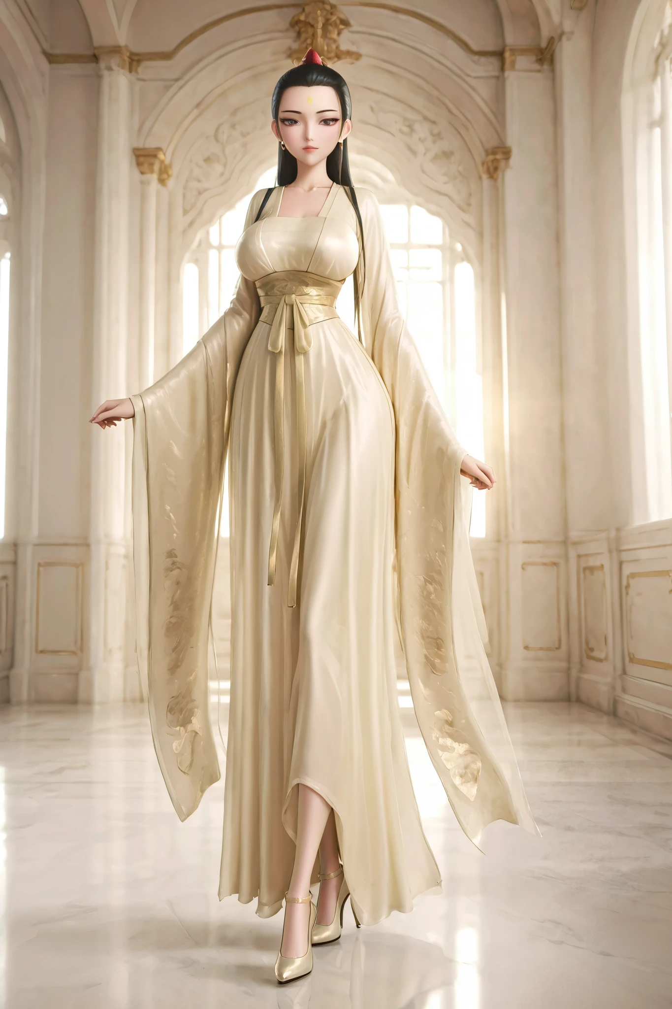front view,palace,white palace,indoors,white background,purely white background,
1girl,mature female,milf,huge breasts,narrow waist,wide hips,looking at viewer,full body,standing,high heels,
Best quality,masterpiece,soft light,official art,high quality,highres,absurdres,epic scene,natural textures,he tong,yellow forehead mark,black hair,hair pulled back,topknot,red topknot,black eyes,white chinese clothes,hanfu,long legs,