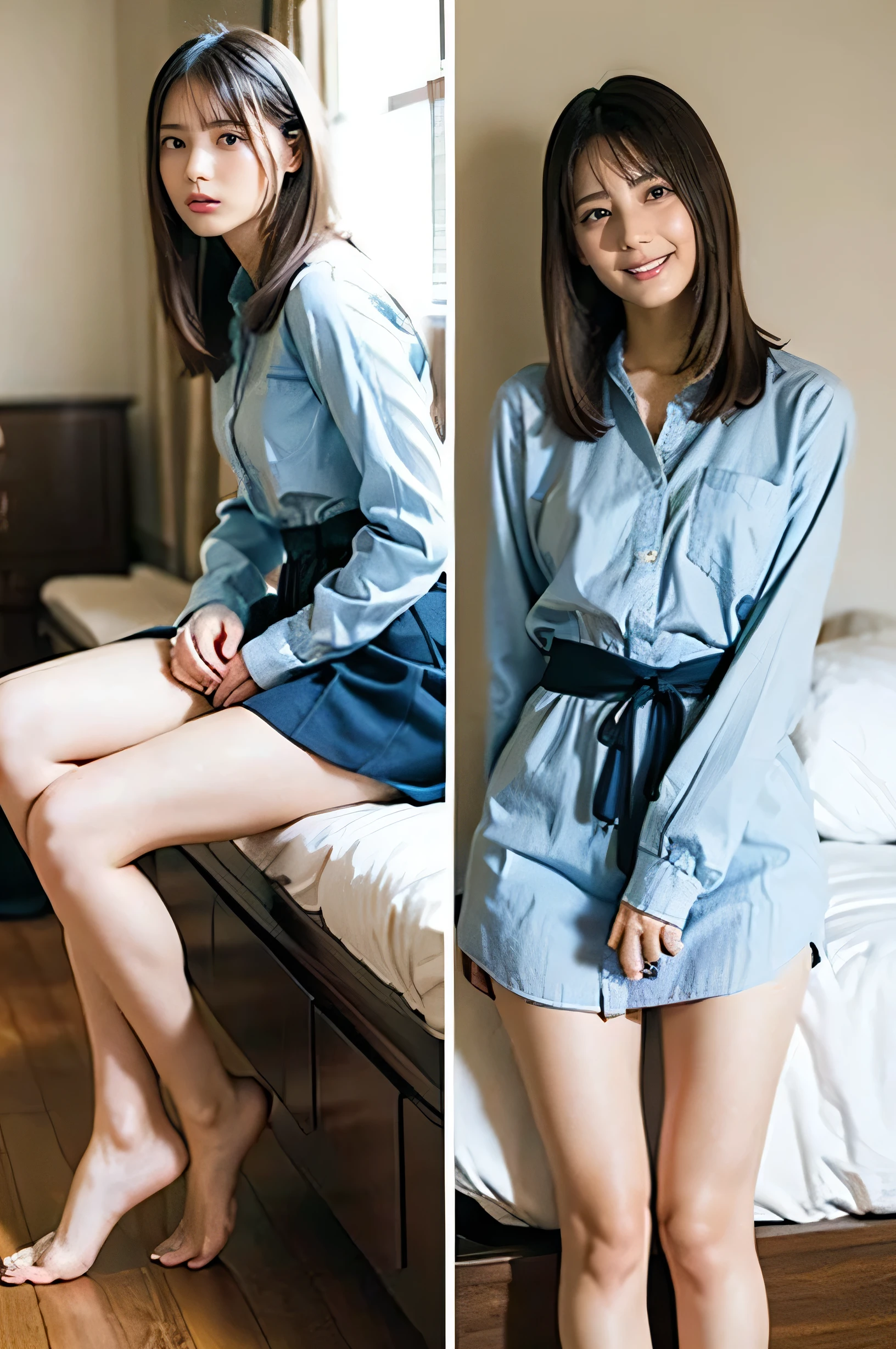   A slender and beautiful 25-year-old woman is kissing a man。 , (Eye Size: 0.6)、(  pupil size       : 0.6)、(  her face size  :0.2)、    depicts a woman's head size being very small   , (The relationship between head size and shoulder width is small :0.5), photo with backlit or semi-backlit   、 Highest quality、HD quality、  Highest quality Masterpiece ,   Ultra High Definition ,(   beautiful girl:1.0)  ,  x}  She is wearing a long sleeve long hem denim shirt and low rise full length jeans 。、(  her torso length  :1.7)、 (Her leg length  :1.4),  full body photo、   she is thin  。、   how small her head is compared to her width   ., (nsfw:1.0), ( thin waist  : 1.5), She is leaning against the edge of her bed in a hotel bedroom on a dim night。Legs crossed。、  Hand to Foot Ratio Based on Perfect Human Body  、  perfect hand、 perfect fingers、 perfect legs、 perfect legsの指、  Half Open Your Mouth  。 embarrassing smile 、pictures from behind、 please biologically correctly draw the body of a man。、She put one hand on her crotch、 hidden 。、Her hair style is a chignon ponytail。、she's wearing a cowboy hat。、
