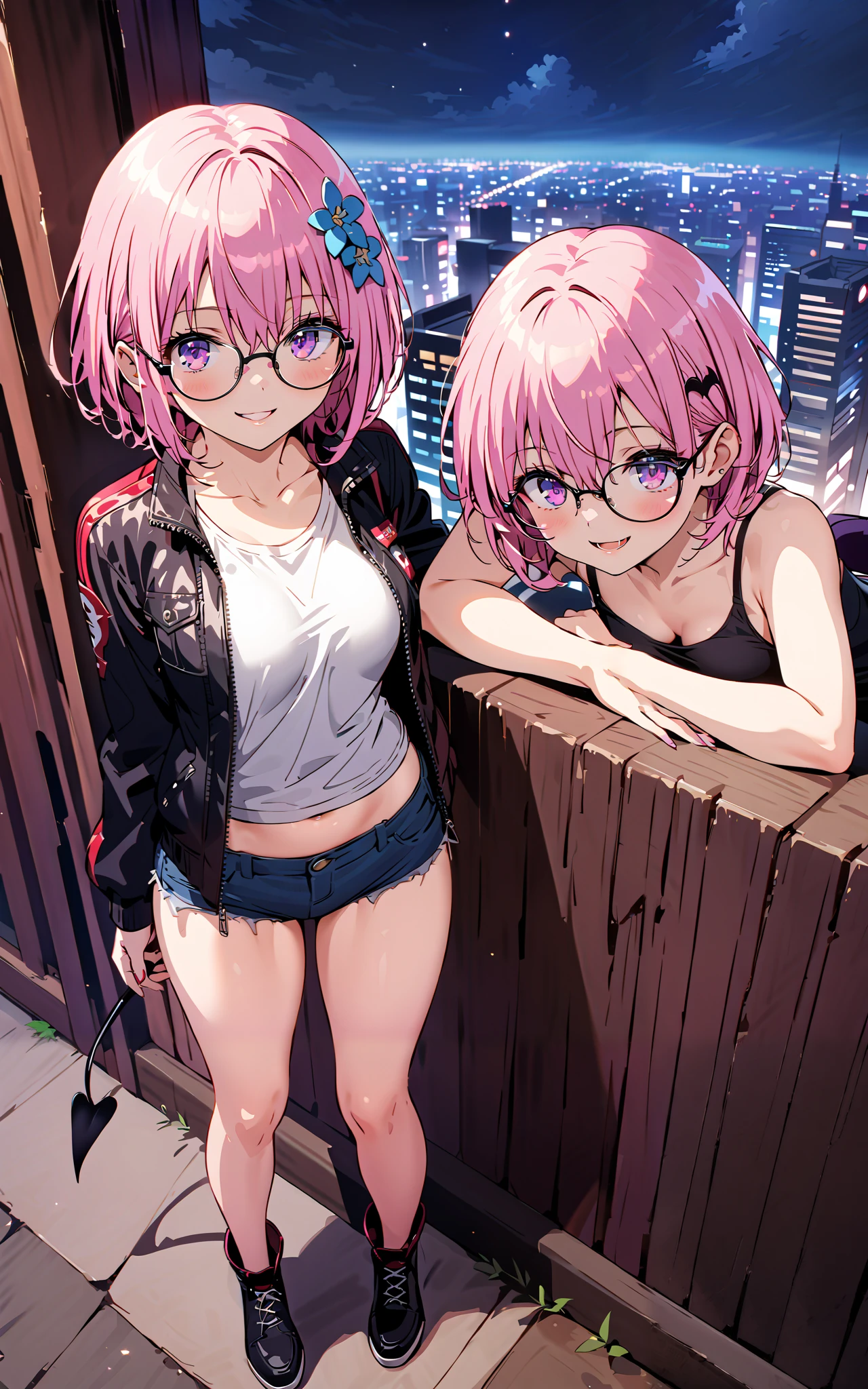 モモデbuildingケ, モモ・デbuildingーク, demon Tail, Hair Flower, hair ornaments close to the garden, purple eyes, pink hair, short hair, Medium breast,胸の谷間,Tail,riders jacket,tank top outside of anime,Underbomb,belly button sticking,Bare legs,denim micro shorts,glasses,shoes, Short Boots,standing,building,Nōn,night,full bodyがイラストに入るように,
break outdoors, Metropolis,
break looking at viewer,full body,
break (masterpiece:1.2),Highest quality , kampala, Unity 8K Wallpaper ,(shape:0.8),( fine, beautiful eyes :1.6),It's a person ,full body写真,CG Details , (perfect hands, complete anatomy),