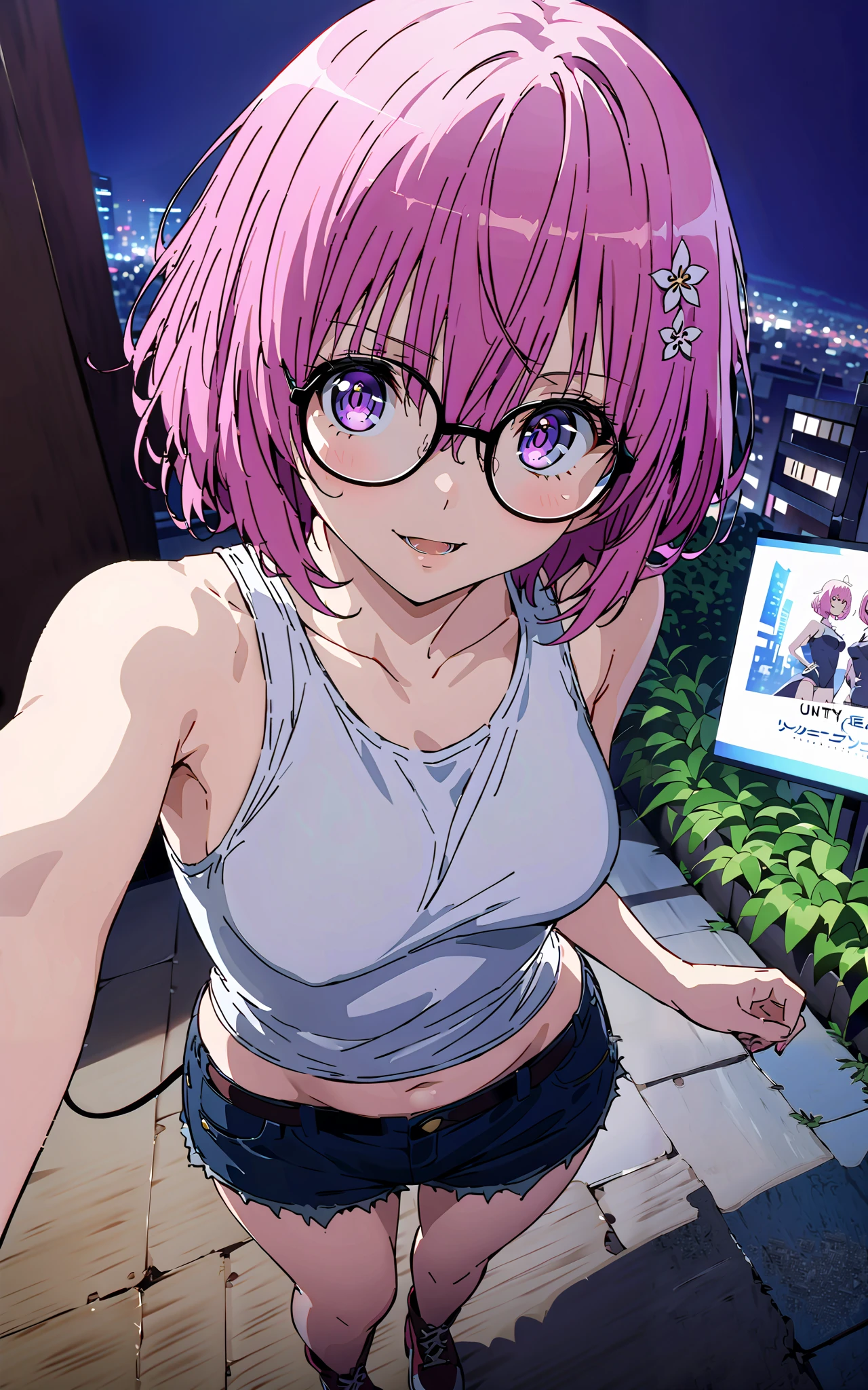 モモデbuildingケ, モモ・デbuildingーク, demon Tail, Hair Flower, hair ornaments close to the garden, purple eyes, pink hair, short hair, Medium breast,胸の谷間,Tail,riders jacket,tank top outside of anime,Underbomb,belly button sticking,Bare legs,denim micro shorts,glasses,shoes, Short Boots,standing,building,Nōn,night,full bodyがイラストに入るように,
break outdoors, Metropolis,
break looking at viewer,full body,
break (masterpiece:1.2),Highest quality , kampala, Unity 8K Wallpaper ,(shape:0.8),( fine, beautiful eyes :1.6),It's a person ,full body写真,CG Details , (perfect hands, complete anatomy),