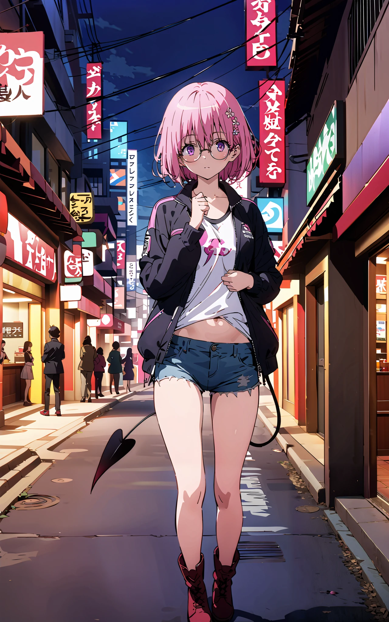 モモデbuildingケ, モモ・デbuildingーク, demon Tail,  Hair Flower, hair ornaments close to the garden, purple eyes, pink hair,  short hair, Medium breast,胸の谷間,Tail,riders jacket,tank top outside of anime,Underbomb,belly button sticking,Bare legs,denim micro shorts,glasses,shoes, Short Boots,standing,building,Nōn,night,full bodyがイラストに入るように,
break outdoors, Metropolis,
break looking at viewer,full body,
break (masterpiece:1.2),Highest quality , kampala, Unity 8K Wallpaper ,(shape:0.8),(  fine, beautiful eyes  :1.6),It's a person ,full body写真,CG Details , (perfect hands, complete anatomy),