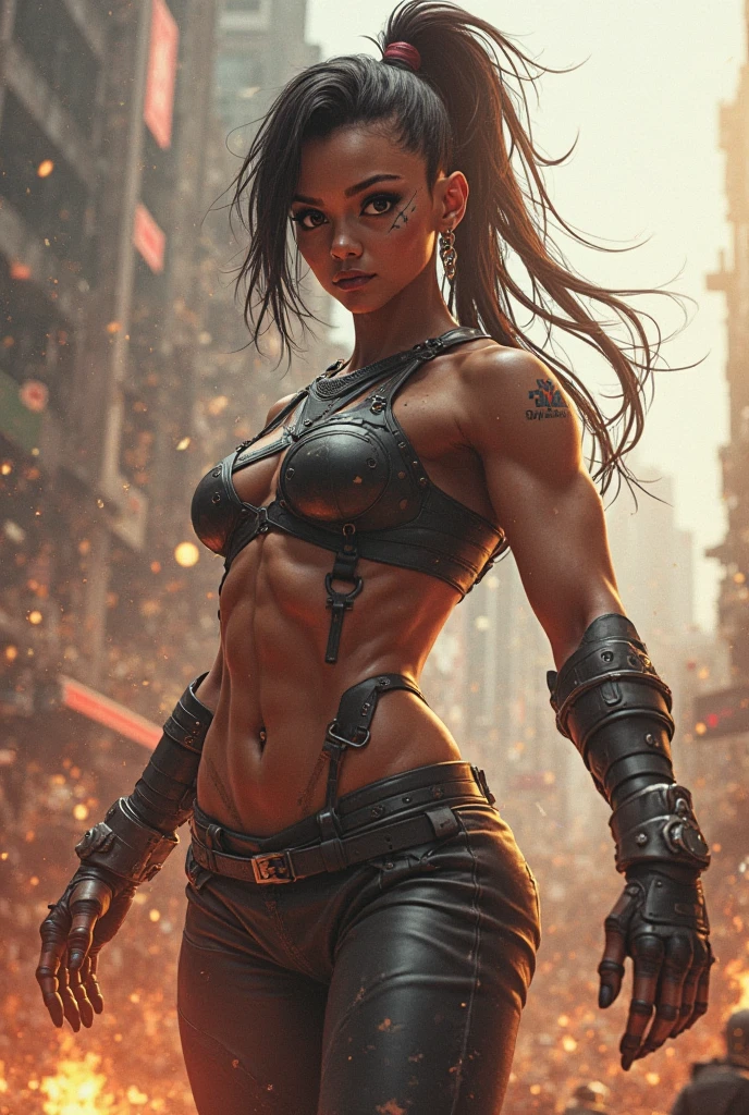(Zendaya:Evangeline Lilly) ,sitting on some stairs, ripped jeans, tank top, ((pulls up her shirt)) , slightly muscular, Beautiful anime waifu style girl, hyperdetailed painting, luminism, art by Carne Griffiths and Wadim Kashin concept art, post-apocalyptic background, abstract beauty, approaching perfection, pure form, golden ratio, minimalistic, dark atmosphere, unfinished, concept art, intricate details, 8k post production, high resolution, hyperdetailed, trending on artstation, sharp focus, studio photo, intricate details, highly detailed, by Jon Bauer