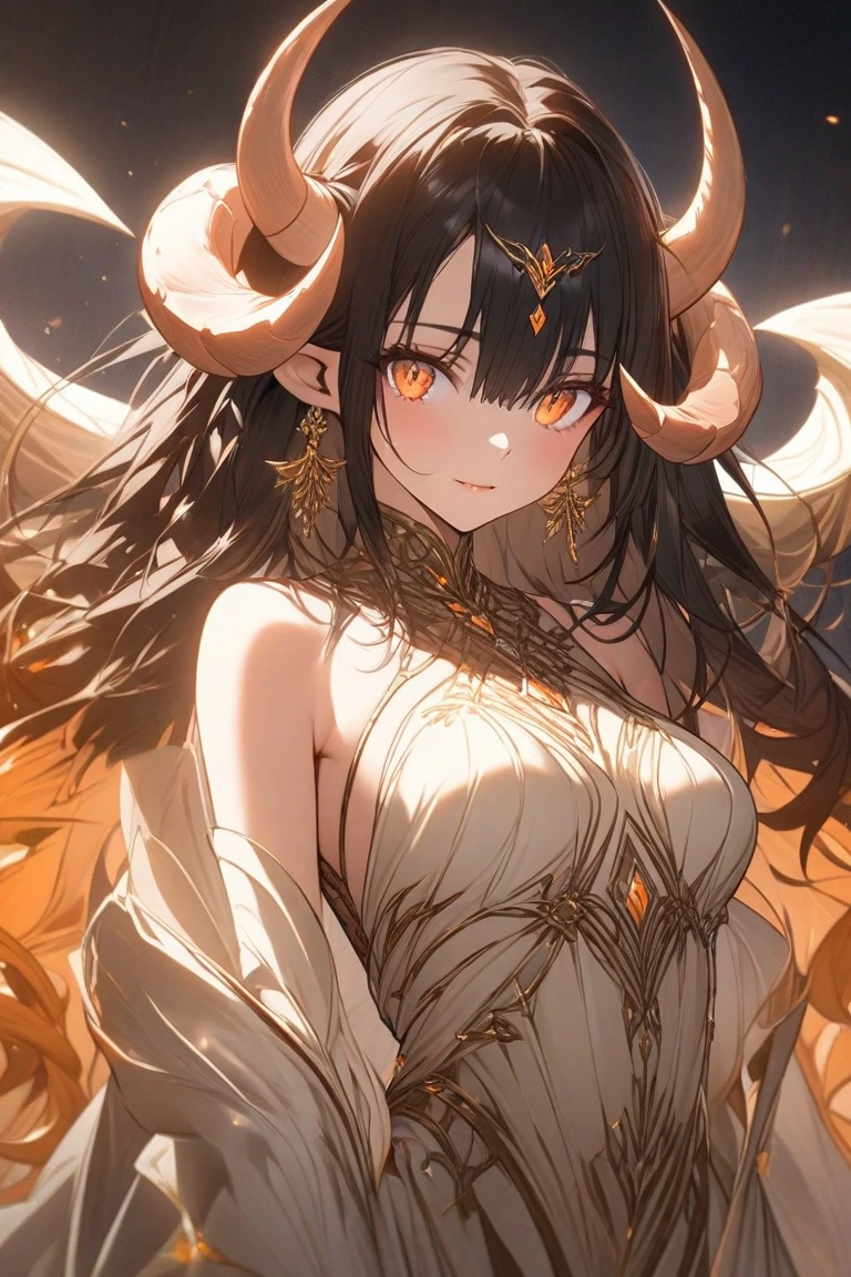 ((Highest quality)),(Ultra-high resolution),(Super detailed),(Detailed Description),((The best CG)),(masterpiece),Highly detailed art,(Art with precise detail:1.5), (Female Devil:1.5),(Great Horn:1.4),(Skull Necklace:1.4),(Cleavage:1.7),discharge:1.3,(Dark Flame:1.6), (Sunshine piercing the dark clouds:1.6), rainbow, Prism phenomenon:1.5