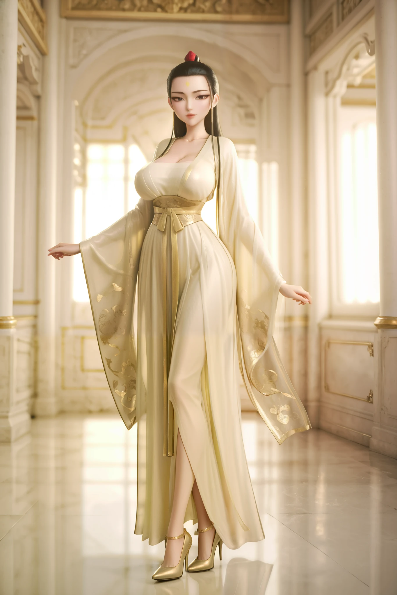 front view,palace,white palace,indoors,white background,purely white background,
1girl,mature female,milf,huge breasts,narrow waist,wide hips,looking at viewer,full body,standing,high heels,
Best quality,masterpiece,soft light,official art,high quality,highres,absurdres,epic scene,natural textures,he tong,yellow forehead mark,black hair,hair pulled back,topknot,red topknot,black eyes,white chinese clothes,hanfu,long legs,