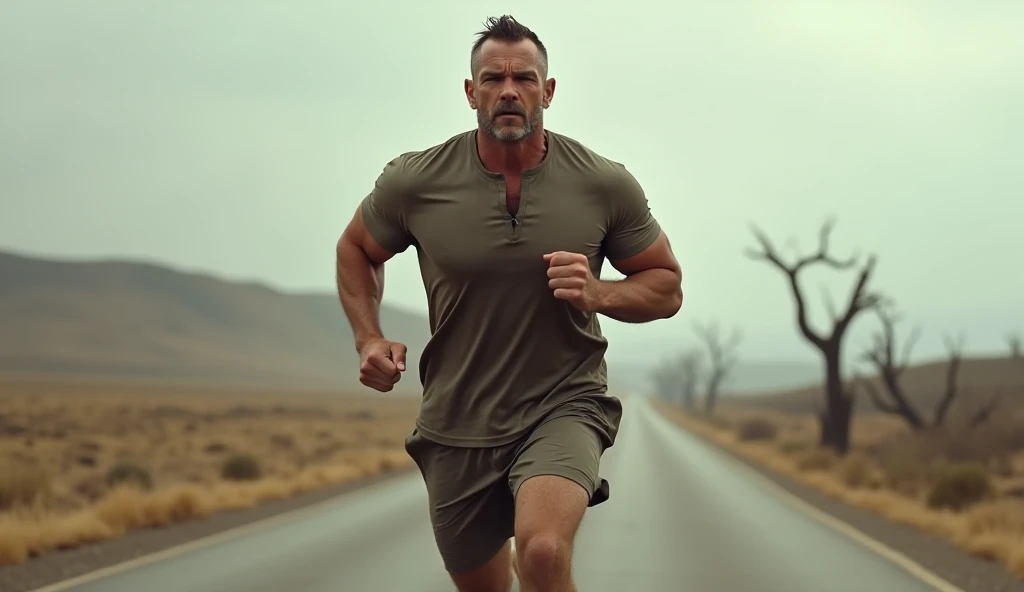 (beefy, aged man:1.2), Alone, slimly, jogging in a Tropical jungle adventure