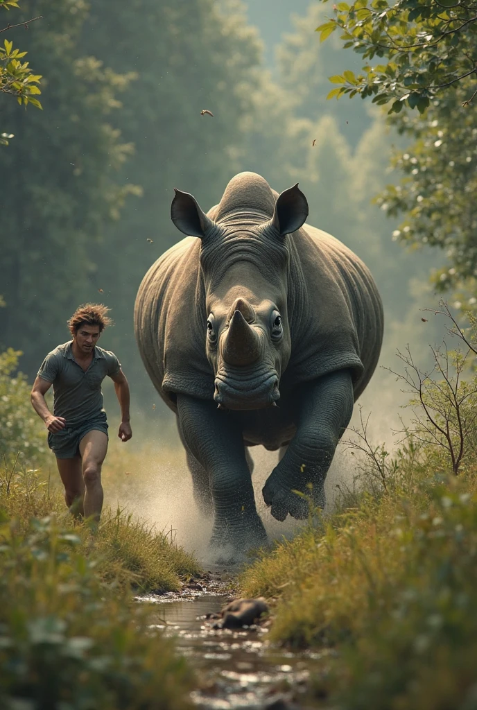 A humanoid body builder rhino with his son walking in the park, wearing white shirts, black pants, and white rubber shoes, 8K