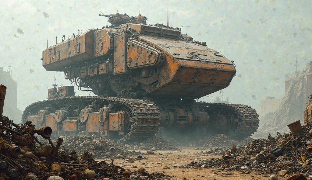One shot with GoPro (Cyberpunk British Tank MKIV17) Geeks, 3/4 Vista Frontal, Wide-angle action shots, Post-apocalyptic, 屋outside, night, path, destruction,  Degassing, outside, Old castle in the background, Master Parts, Realistic, 8k, Attention to detail, Dark Theme,