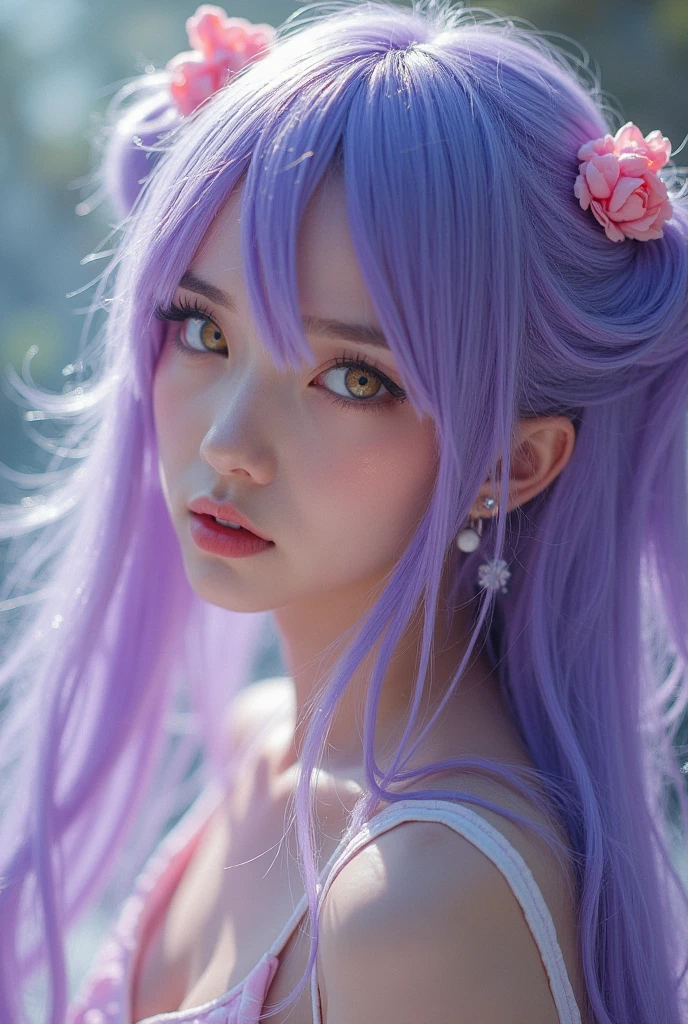 Close-up of a woman with long hair, colorful hair, realistic portrait of kawaii, portrait of upper body, colorful braids, beautiful anime style, pure white background, white half sleeves, simple pattern on clothes, realistic anime art style, beautiful anime portrait, realistic anime art style, anime style. 8k, stunning anime face portrait, colorful]", vibrant fantasy style, cute art style, vibrant realistic color, anime realism style, beautiful anime girl, character as core, digital art, realistic style, live-action CG, colorful headband, live-action CG, sweet style, film style, HD 4K