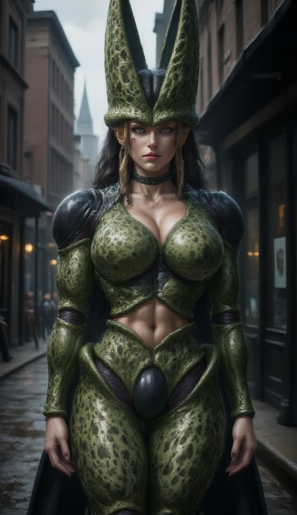 female jungle commando, stand on deep water (blonde:1.1), (sideshaved:1.35), black, (earrings, spikes, helmet, zippers sunglasses:1.2), (wet:1.2), (military gear:1.3) dark, gritty, gloomy, militaristic, (looking_at_viewer:1.3), solo, rainy, bokeh, dramatic lightning, (jungle background:1.2), abs, highly detailed, masterpiece, best quality, 8k, (oily skin, cell-shaded:1.3), naked, full body