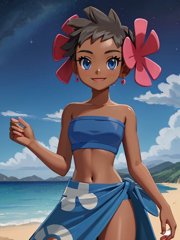 (masterpiece, best quality), 1girl, <lora:phoebe-nvwls-v1:1> defPhoebe, dark skin, hair flower, pink flower, blue tube top, strapless, midriff, blue sarong, blue skirt, anklet, barefoot