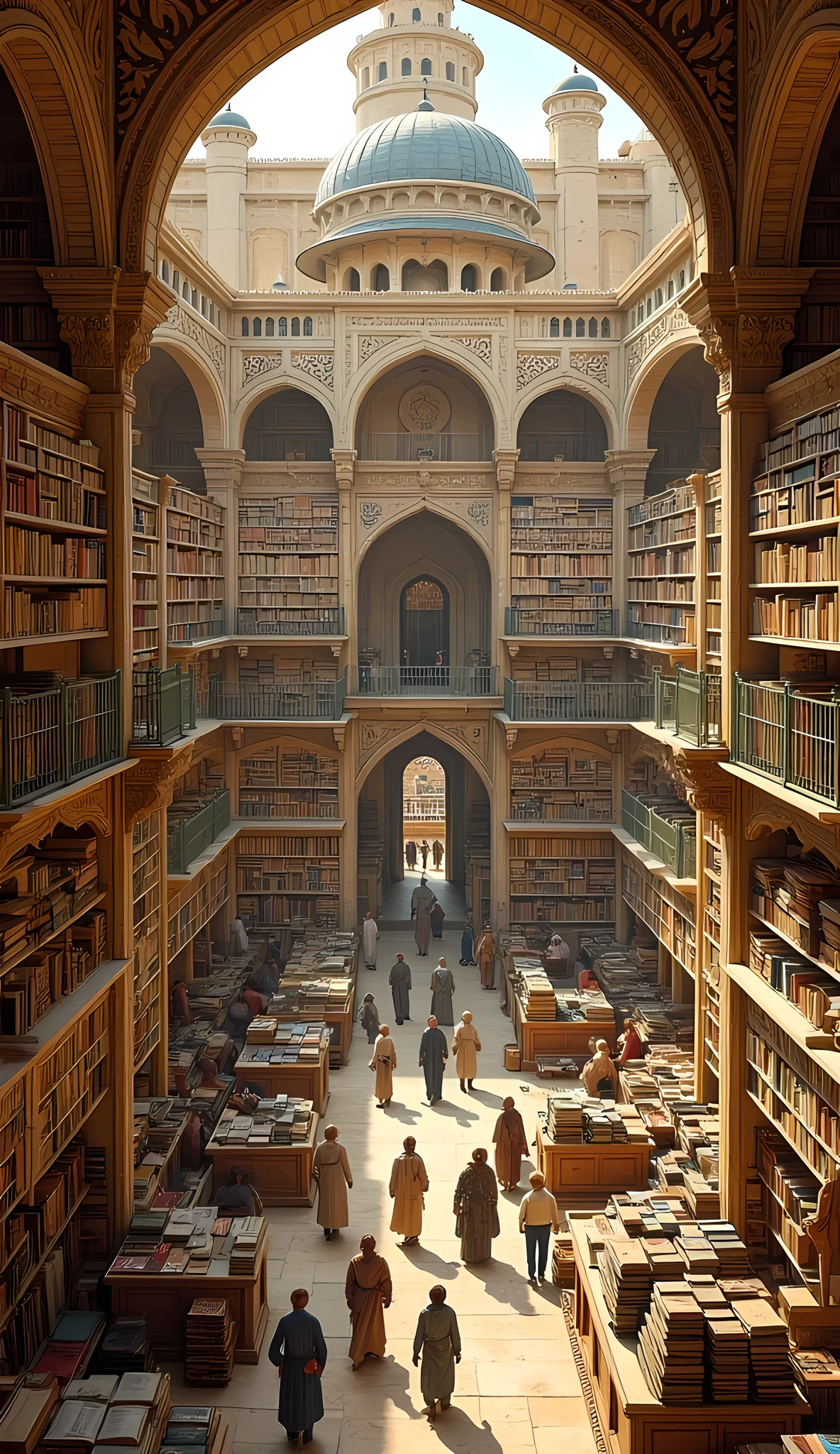 **Prompt:** medieval era, Imagine you are a historian walking through the bustling Bayt al-Ḥikmah islamic library, the library of Baghdad during of its ancient zenith in the 8th century era. Describe your journey as you explore the grandeur of this architectural marvel, built by Abbasid Caliph al-Mansur. What does the library of knowledge look like through your eyes? As you wander, you stumble upon the House of Wisdom Library. Illustrate the library bookshelves's atmosphere, the scholars engaged in debate, and the wealth of scientific knowledge being exchanged. Consider how Persian architecture influences the aesthetic of the library bookshelves.