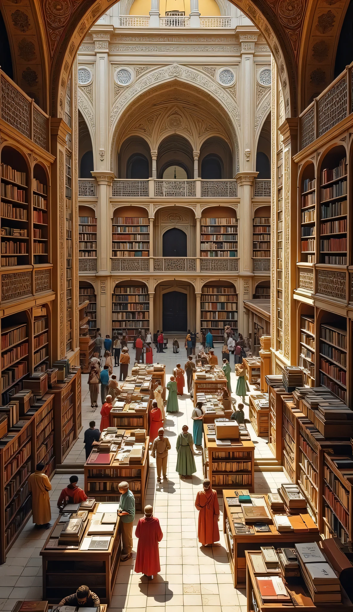 **Prompt:** medieval era, Imagine you are a historian walking through the bustling Bayt al-Ḥikmah islamic library, the library of Baghdad during of its ancient zenith in the 8th century era. Describe your journey as you explore the grandeur of this architectural marvel, built by Abbasid Caliph al-Mansur. What does the library of knowledge look like through your eyes? As you wander, you stumble upon the House of Wisdom Library. Illustrate the library bookshelves's atmosphere, the scholars engaged in debate, and the wealth of scientific knowledge being exchanged. Consider how Persian architecture influences the aesthetic of the library bookshelves.