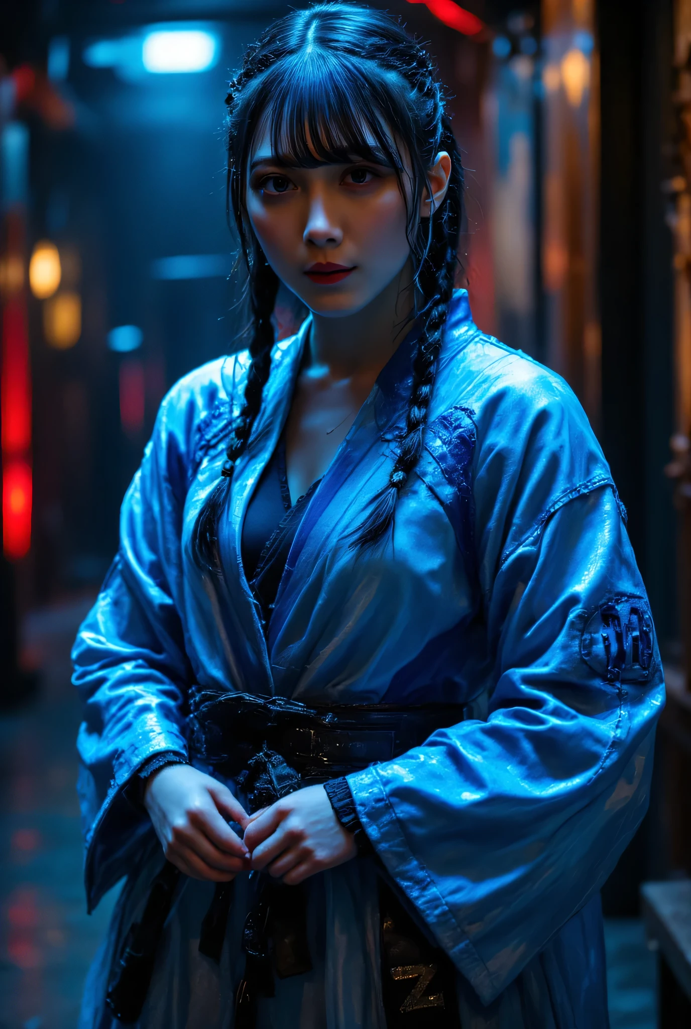 (((The dark interior of the Nostromo ship :2.0))),((( HR Gigger Style Cyberpunk Atmosphere :2.0))),(((Fight with a cyberpunk-style Japanese sword:2.0))), Combat posture,((full body:2.0)),one woman,Female Samurai ,( cute face:1.5),(Beautiful well-balanced face ),((Long braids with bangs:2.0)),( black hair:1.5),(beautiful eyes:1.3),( Blue Glowing Eyes :1.5),glamorous shot of a 20-year-old Japanese woman, Slender Beautiful Body ,((model body type:2.0)),(( slim body with hot water:1.7)),perfect body line,Ideal Proportions,((big breasts:2.0)),((F cup chest wearing:1.5)),Big Breasts,Bare thighs,sensual thighs seen from below the crowd,delicate body,( Muscular:1.7),A harmonious posture,((Realistic breast depiction :1.7)),carefully depicts limbs based on perfect anatomy,((A translucent glass leotard that shines blue in the style of futuristic samurai armor:1.5)),Filled with multicolored LEDs,((Super Hi-leg leotard made of camy-like transparent glass that fits the body:1.5)),(((blue translucent military coat in the style of a samurai armor with open front over a leotard:2.0))),(((translucent blue military coat style kimono with steel armour on the armor:2.0))),(Steel armour on the shoulders :1.5),((Coat style kimono with iron decoration:2.0)),(ear monitor:1.5),((Tactical Holster:1.5)),(gloves:1.3),concept art,(Highest quality:1.5),(masterpiece:1.5),(超高resolution),resolution,UHD,( delicate depiction), carefully drawn with butterfly wings ,32K,((realistic skin texture:1.5)),((( super realistic :1.5))), eyelashes,highly detailed face,Highly detailed female hand, Sexy appearance ,Very sensual,(Blurry Dim Backgrounds :1.5),professional photo shoot,(movie light:2.0),(( Blade Runner Style Lights :2.0))