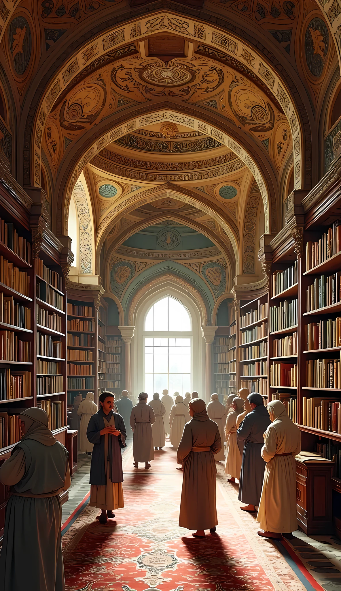 **Prompt:** medieval era, Imagine you are a historian walking through the bustling Bayt al-Ḥikmah islamic library, the library of Baghdad during of its ancient zenith in the 8th century era. Describe your journey as you explore the grandeur of this architectural marvel, built by Abbasid Caliph al-Mansur. What does the library of knowledge look like through your eyes? As you wander, you stumble upon the House of Wisdom Library. Illustrate the library bookshelves's atmosphere, the scholars engaged in debate, and the wealth of scientific knowledge being exchanged. Consider how Persian architecture influences the aesthetic of the library bookshelves.