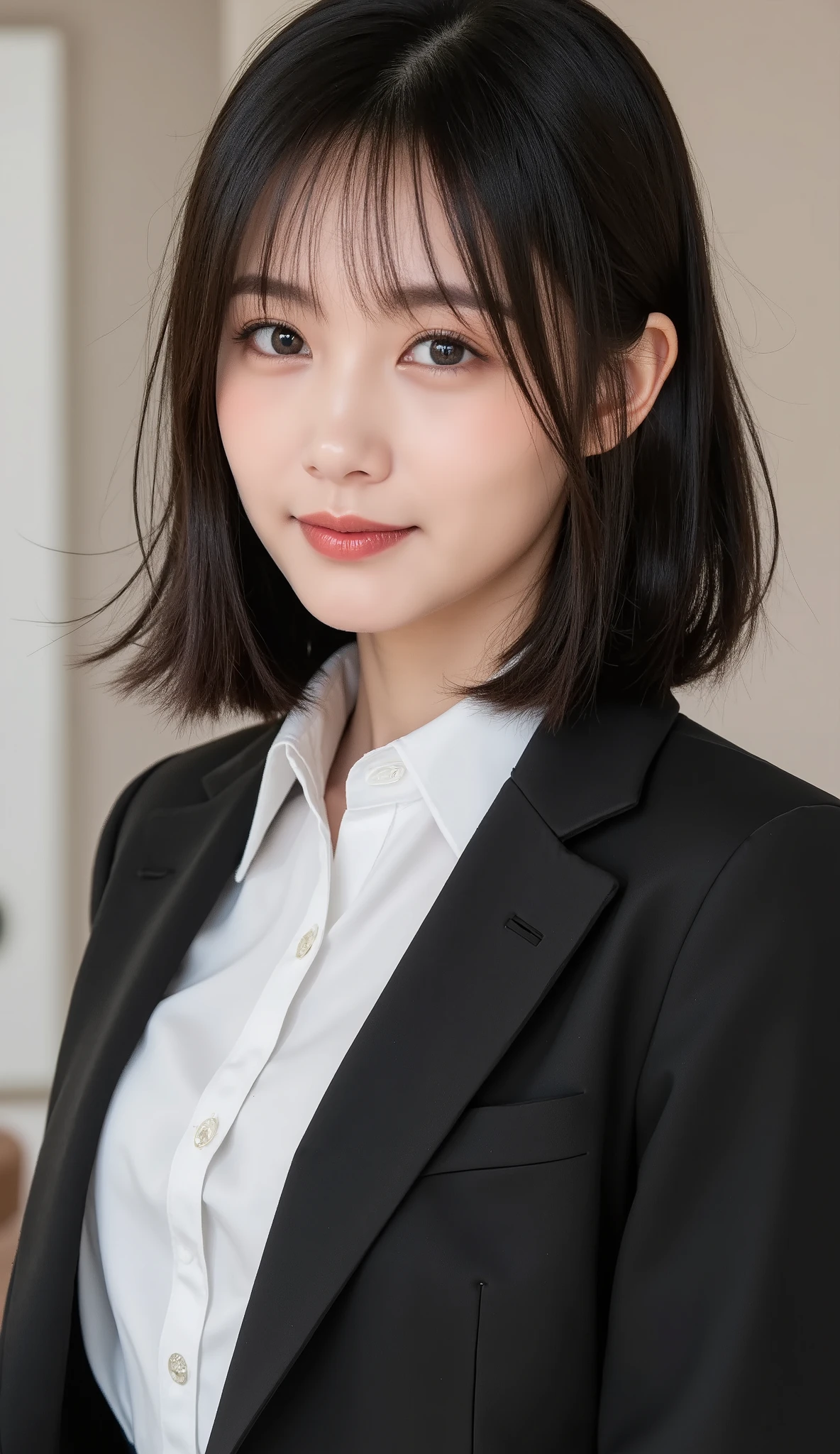 8k,super high definition , Highest quality, masterpiece,rule of thirds,golden ratio,surreal, photos, one woman,( girls on the left:1.3),cute,cute顔, Beautiful Eyes in Every Detail , 細かくexhaustive,mature woman,princess,cowboy shot,smile, black hair, long bob,ID photo, luxurious and beautiful ,(A Famous Japanese Idol Girl), ((Office uniform with white shirt, blazer and pencil skirt)),(((Clean clothing))), very delicate expression , delicate eye description,, Healthy Body , (( 1 female)), Height: 160cm ,( thin waist:1.4)、( Beautiful :1.4), pink lips,profile in landscape orientation from,((( ideal figure))),Small bust, A cup :2,、 portraits:2、 perfect anatomy 、鮮明な exhaustive、 exhaustive, thin lips,Perfect and beautiful face ,完璧でcute顔, meticulous skin , perfect limb、 thin waist, surreal,Light and Dark, Fashion Magazine Cover ,glowing