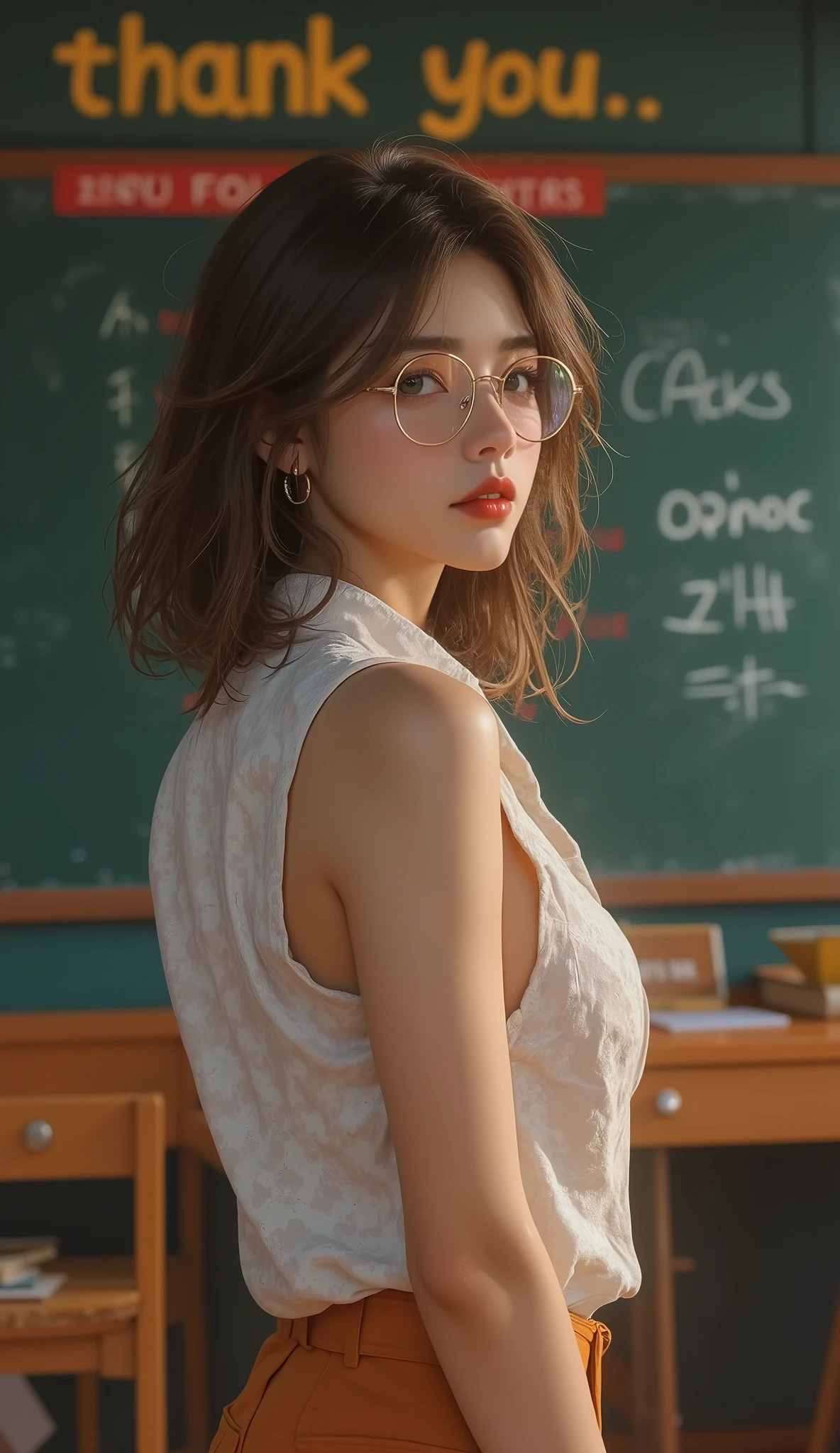 (Best quality, masterpiece), 1 girl, classroom, in front of the blackboard, ("Thank you 900 followers" written on the blackboard: 1.8), glasses, , 1 girl, young female teacher, (big breasted woman, deep cleavage: 1.4), ( goose bump: 0.7), beautiful face, (eyeliner, lipstick: 0.9), 4K, 8k, ultra high resolution, high resolution, detailed background, background,