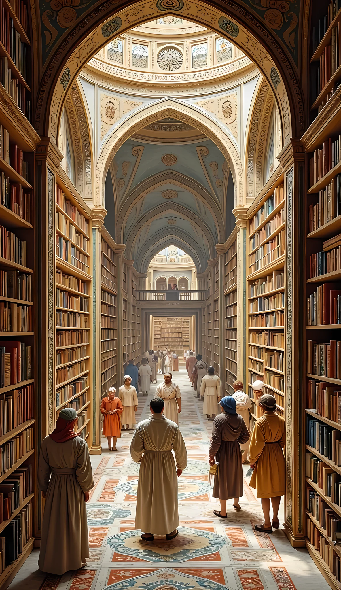 **Prompt:**  medieval era, Imagine you are a historian walking through the bustling Bayt al-Ḥikmah islamic library, the library of Baghdad during of its ancient zenith in the 8th century era. Describe your journey as you explore the grandeur of this architectural marvel, built by Abbasid Caliph al-Mansur. What does the library of knowledge look like through your eyes? As you wander, you stumble upon the House of Wisdom Library. Illustrate the library bookshelves's atmosphere, the scholars engaged in debate, and the wealth of scientific knowledge being exchanged. Consider how Persian architecture influences the aesthetic of the library bookshelves. 