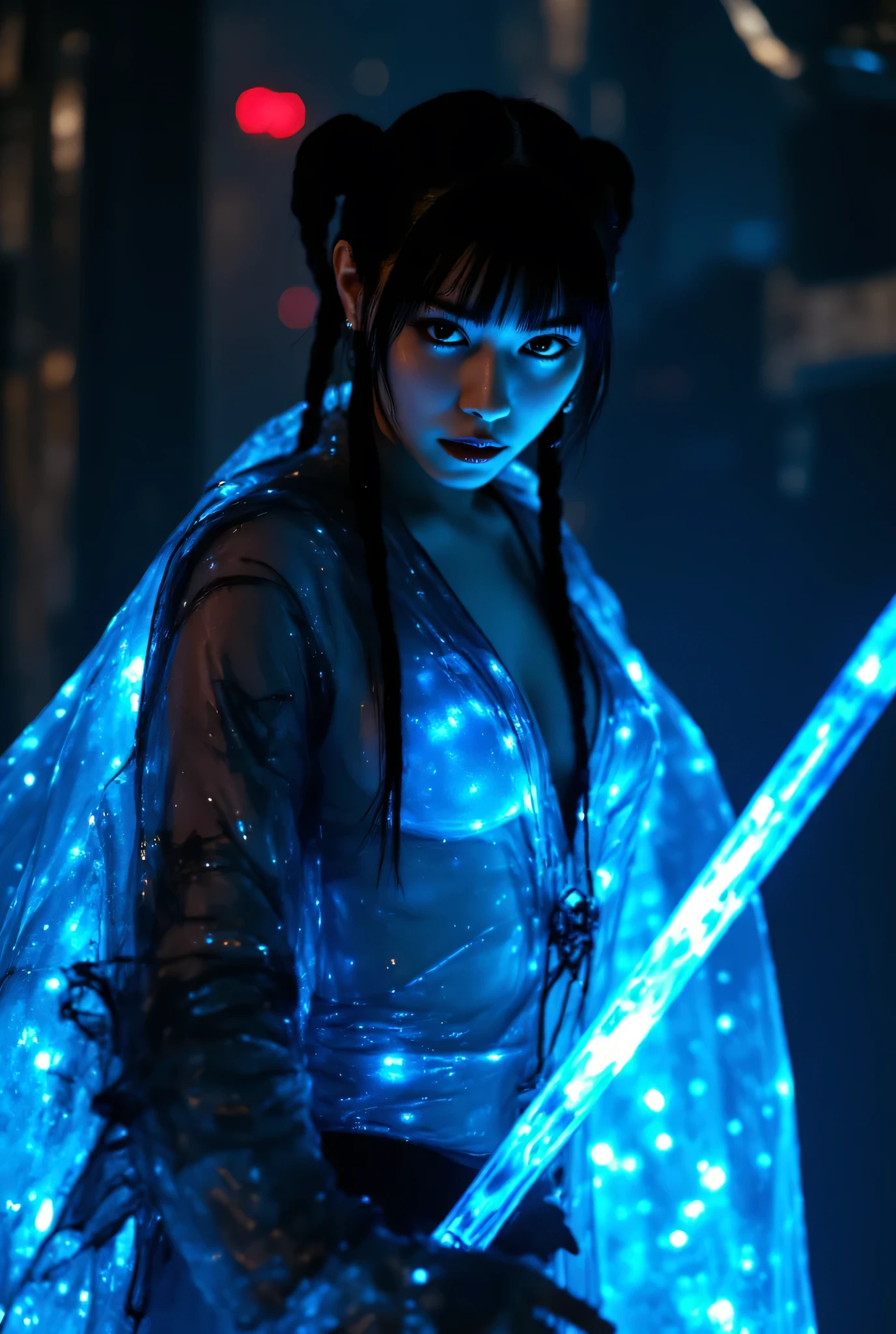 (((The dark interior of the Nostromo ship :2.0))),((( HR Gigger Style Cyberpunk Atmosphere :2.0))),(((Fight with a cyberpunk-style Japanese sword:2.0))), Combat posture,((full body:2.0)),one woman,Female Samurai ,( cute face:1.5),(Beautiful well-balanced face ),((Long braids with bangs:2.0)),( black hair:1.5),(beautiful eyes:1.3),( Blue Glowing Eyes :1.5),glamorous shot of a 20-year-old Japanese woman, Slender Beautiful Body ,((model body type:2.0)),(( slim body with hot water:1.7)),perfect body line,Ideal Proportions,((big breasts:2.0)),((F cup chest wearing:1.5)),Big Breasts,Bare thighs,sensual thighs seen from below the crowd,delicate body,( Muscular:1.7),A harmonious posture,((Realistic breast depiction :1.7)),carefully depicts limbs based on perfect anatomy,((A translucent glass leotard that shines blue in the style of futuristic samurai armor:1.5)),Filled with multicolored LEDs,((Super Hi-leg leotard made of camy-like transparent glass that fits the body:1.5)),(((blue translucent military coat in the style of a samurai armor with open front over a leotard:2.0))),(((translucent blue military coat style kimono with steel armour on the armor:2.0))),(Steel armour on the shoulders :1.5),((Coat style kimono with iron decoration:2.0)),(ear monitor:1.5),((Tactical Holster:1.5)),(gloves:1.3),concept art,(Highest quality:1.5),(masterpiece:1.5),(超高resolution),resolution,UHD,( delicate depiction), carefully drawn with butterfly wings ,32K,((realistic skin texture:1.5)),((( super realistic :1.5))), eyelashes,highly detailed face,Highly detailed female hand, Sexy appearance ,Very sensual,(Blurry Dim Backgrounds :1.5),professional photo shoot,(movie light:2.0),(( Blade Runner Style Lights :2.0))