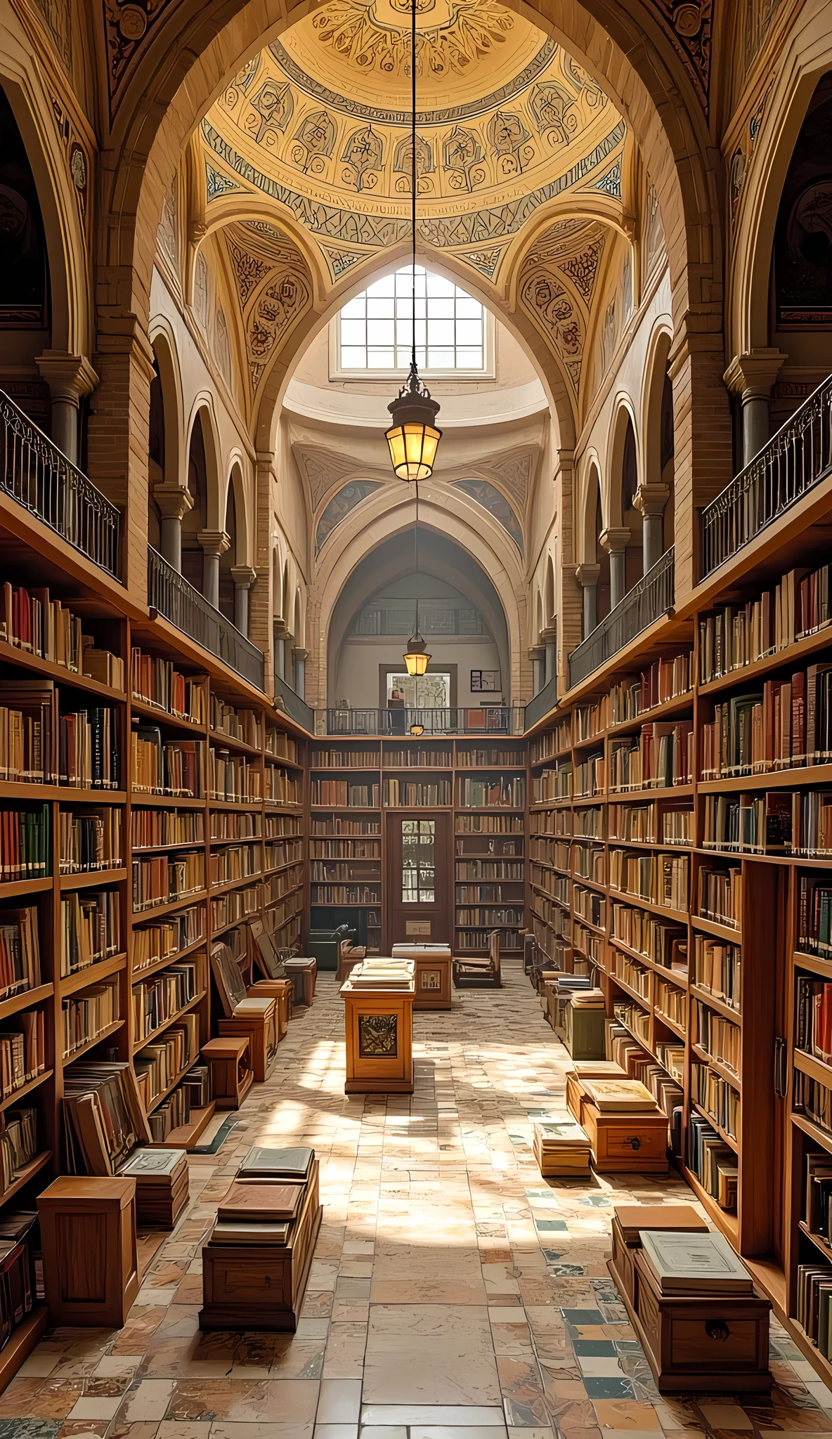 **Prompt:** medieval era, Imagine you are a historian walking through the bustling Bayt al-Ḥikmah islamic library, the library of Baghdad during of its ancient zenith in the 8th century era. Describe your journey as you explore the grandeur of this architectural marvel, built by Abbasid Caliph al-Mansur. What does the library of knowledge look like through your eyes? As you wander, you stumble upon the House of Wisdom Library. Illustrate the library bookshelves's atmosphere, the scholars engaged in debate, and the wealth of scientific knowledge being exchanged. Consider how Persian architecture influences the aesthetic of the library bookshelves.