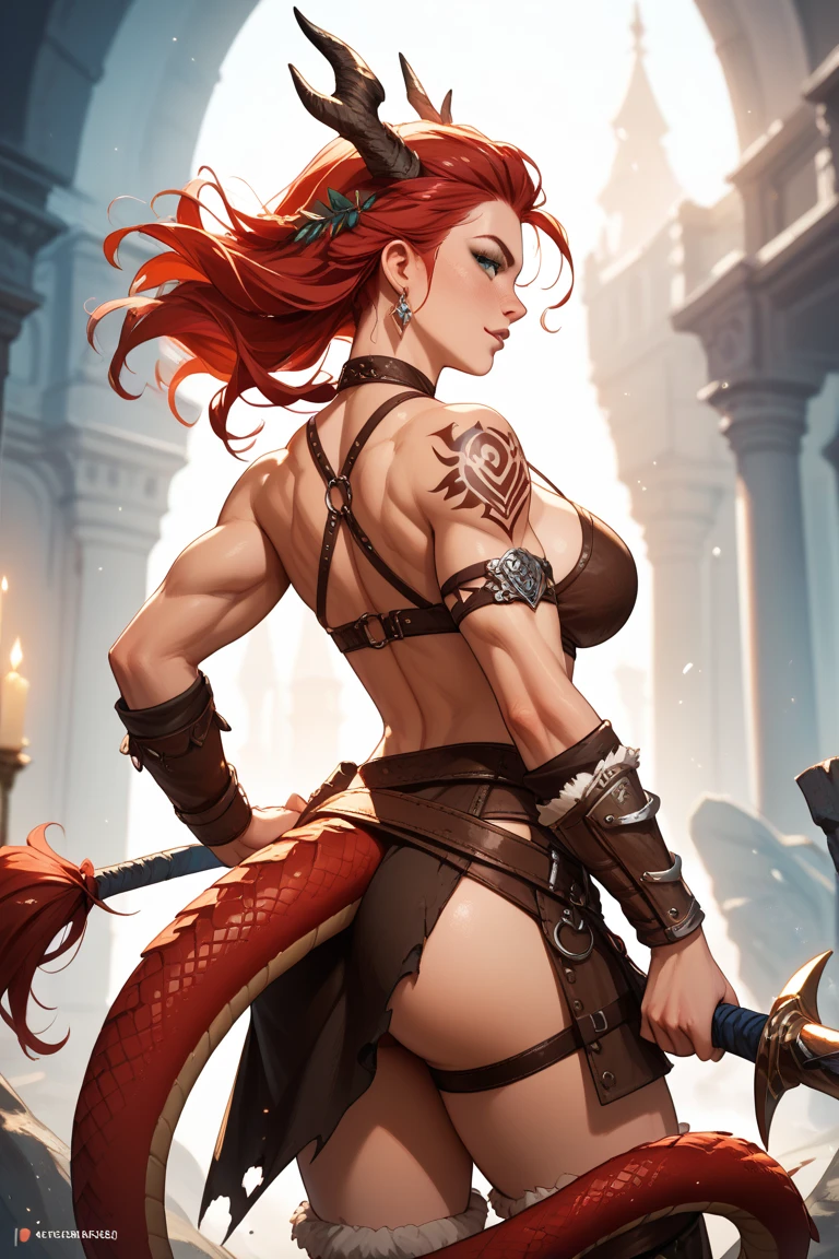 ((Jennifer Garner as Electra)), ((very muscular body)), ((red hair)), ((Electra)), (((barely cover privates with jewelry))), ((rear view)), ((butt toward camera)), ((in the act of killing a demon)), ((angelic armor)), ((angelic warrior princess)), ((camel toe)), ((cameltoe)), ((topless)), ((Holding weapon and ready for battle)), masuter piece, best qualtiy, ((realisitic)), ((1 person)), 8K picture quality, extremely delicate and beautiful, magnifica, Official art with attention to detail, Ridiculous, unbelievable Ridiculous, huge filesize, ultra-detailliert, ighly detailed, (Pretty girl), (Detailed and petite girl),, ((Perfect female figure)), Slim waist, Cover your chest with your hands, (tattoos all over body)), With a powerful presence, Her body decorated with a unique blend of abstract and realistic designs, Digital Art, Altgerm, hyperdetails, Top Fade, Cowboy Shot, Dark Fantasy,