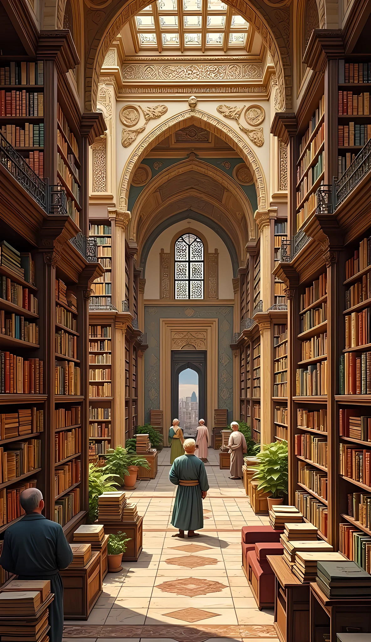**Prompt:**  medieval era, Imagine you are a historian walking through the bustling Bayt al-Ḥikmah islamic library, the library of Baghdad during of its ancient zenith in the 8th century era. Describe your journey as you explore the grandeur of this architectural marvel, built by Abbasid Caliph al-Mansur. What does the library of knowledge look like through your eyes? As you wander, you stumble upon the House of Wisdom Library. Illustrate the library bookshelves's atmosphere, the scholars engaged in debate, and the wealth of scientific knowledge being exchanged. Consider how Persian architecture influences the aesthetic of the library bookshelves. 